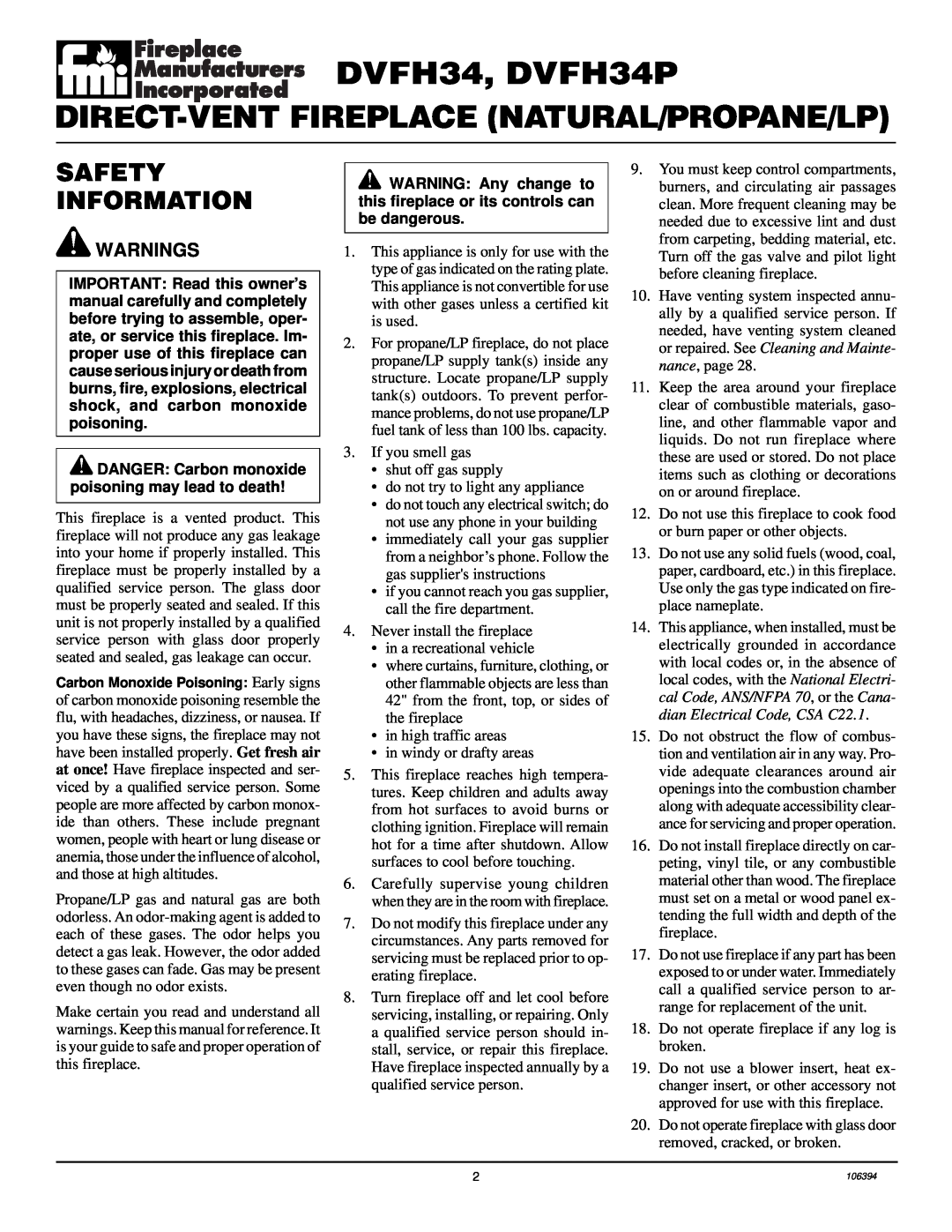 Desa installation manual DVFH34, DVFH34P, Direct-Ventfireplace Natural/Propane/Lp, Safety Information 