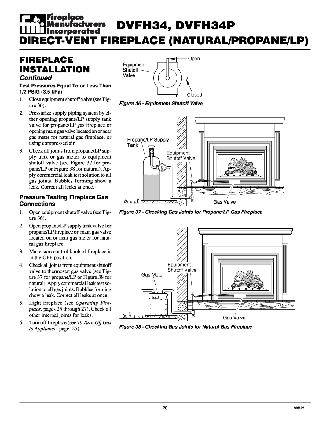 Desa installation manual DVFH34, DVFH34P, Direct-Ventfireplace Natural/Propane/Lp, Fireplace Installation, Continued 