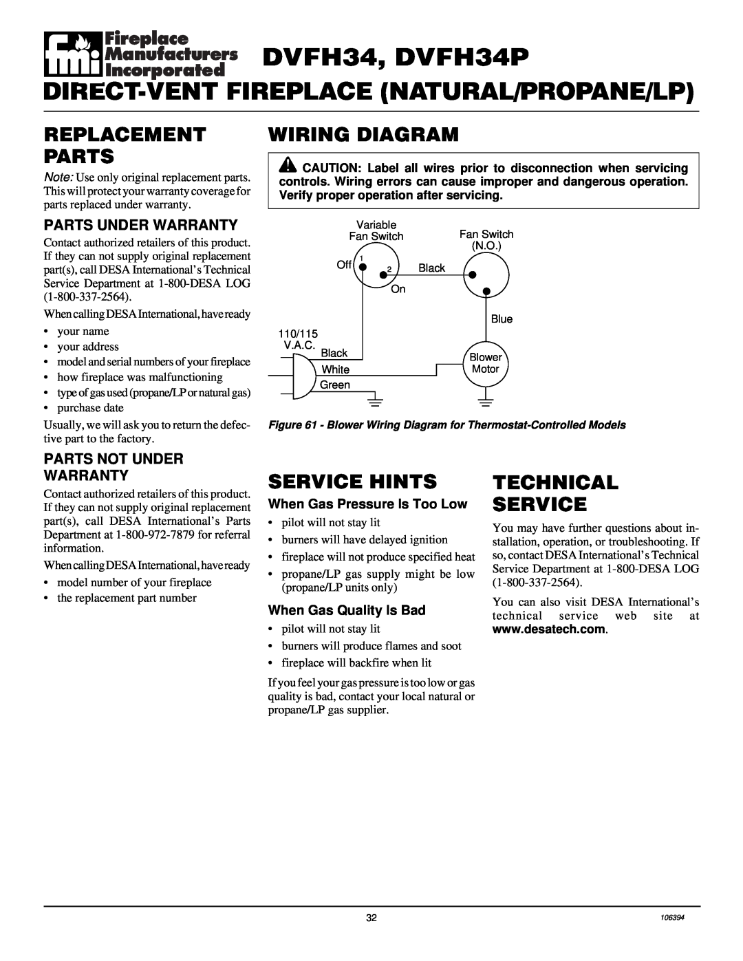 Desa Replacement Parts, Wiring Diagram, Service Hints, Technical Service, DVFH34, DVFH34P, When Gas Pressure Is Too Low 