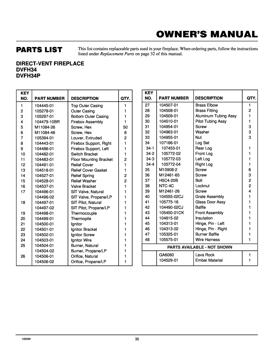 Desa installation manual Parts List, DIRECT-VENTFIREPLACE DVFH34 DVFH34P 