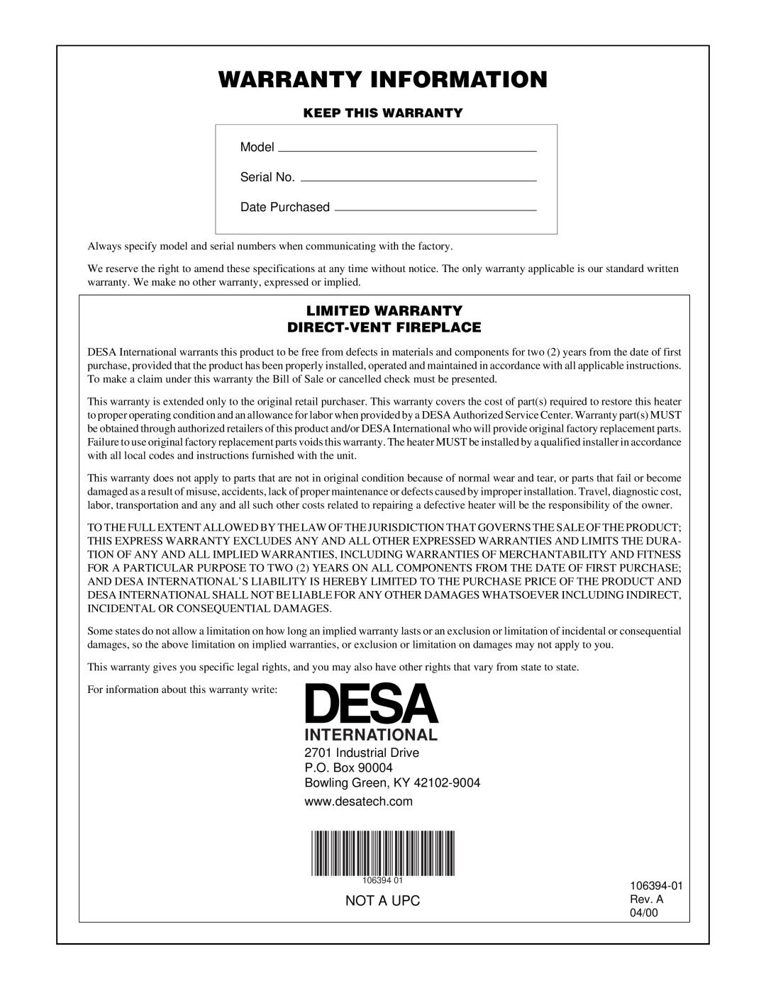 Desa DVFH34P installation manual Warranty Information, International, Limited Warranty Direct-Ventfireplace, Not A Upc 