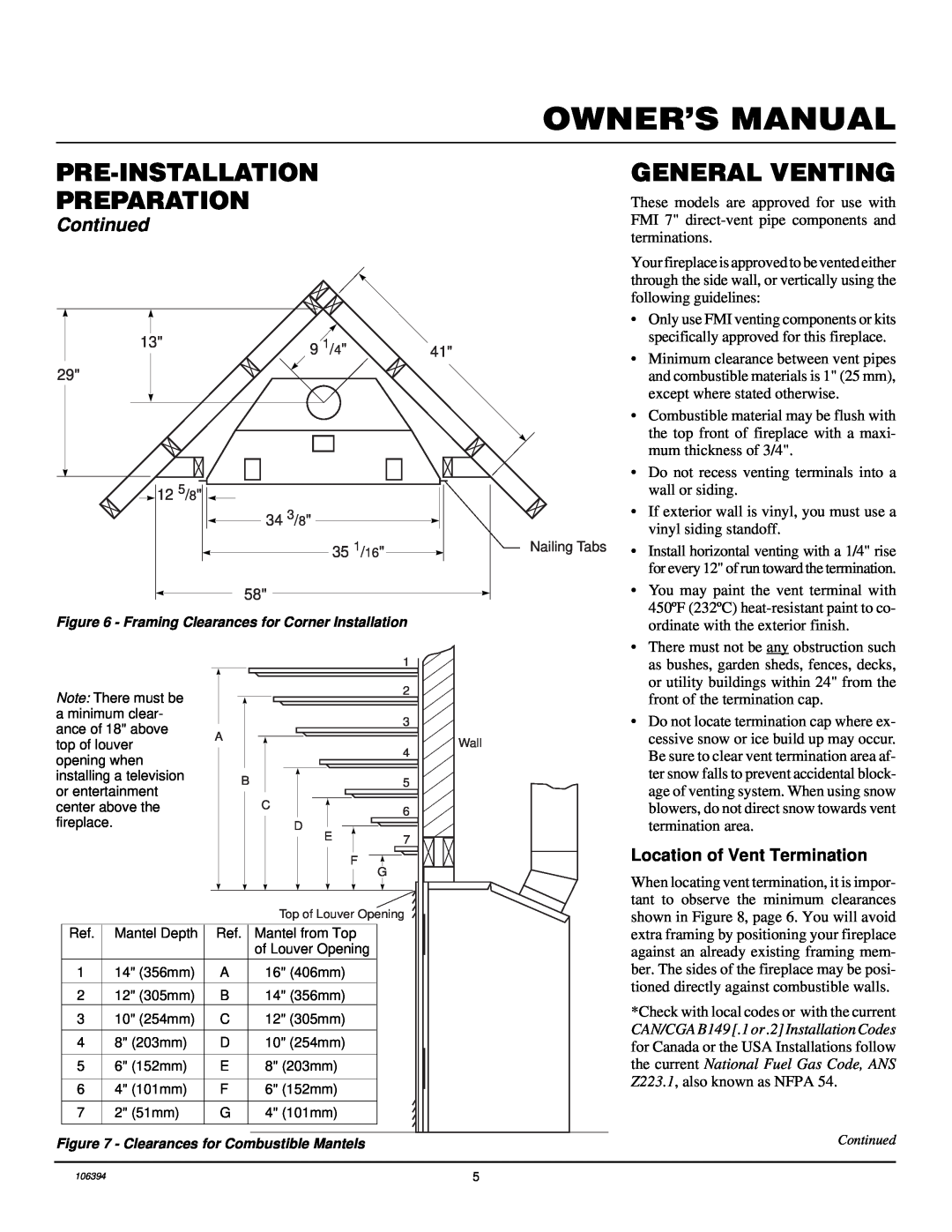 Desa DVFH34P installation manual Pre-Installation Preparation, General Venting, Continued, Location of Vent Termination 