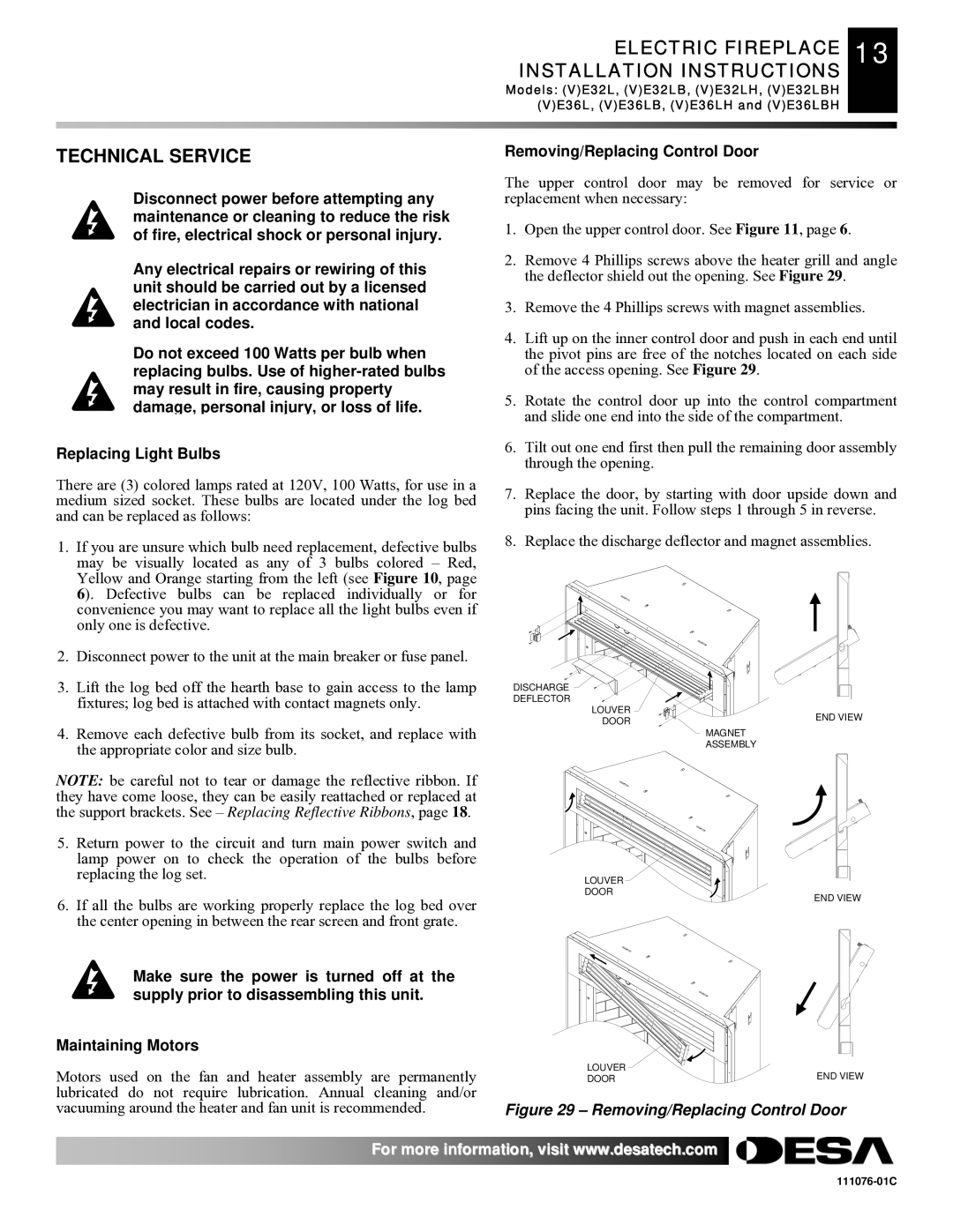 Desa E36(L)(B)(H) Technical Service, Electric Fireplace 13 Installation Instructions, Removing/Replacing Control Door 