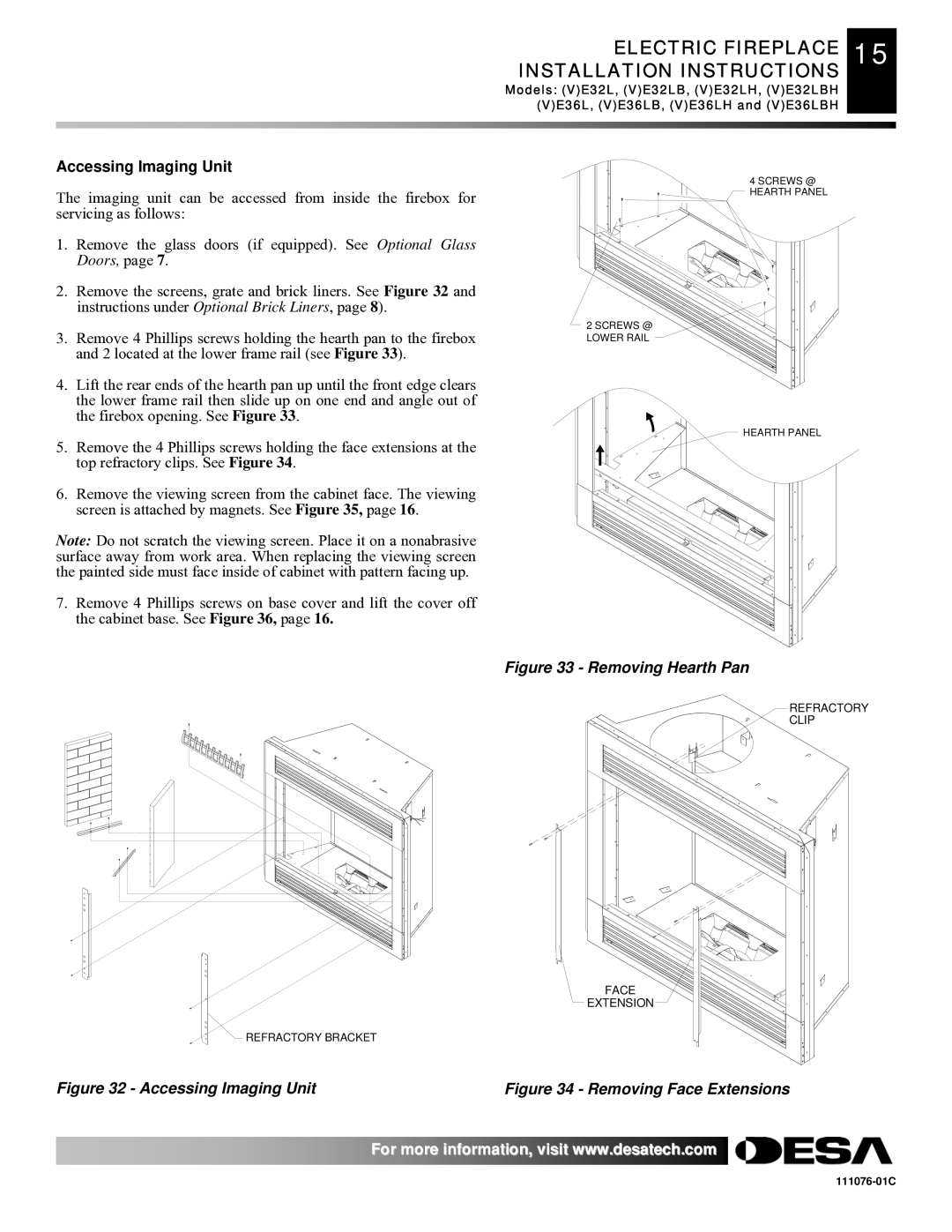 Desa E36(L)(B)(H), E32, VE36, VE32 Electric Fireplace 15 Installation Instructions, Accessing Imaging Unit 