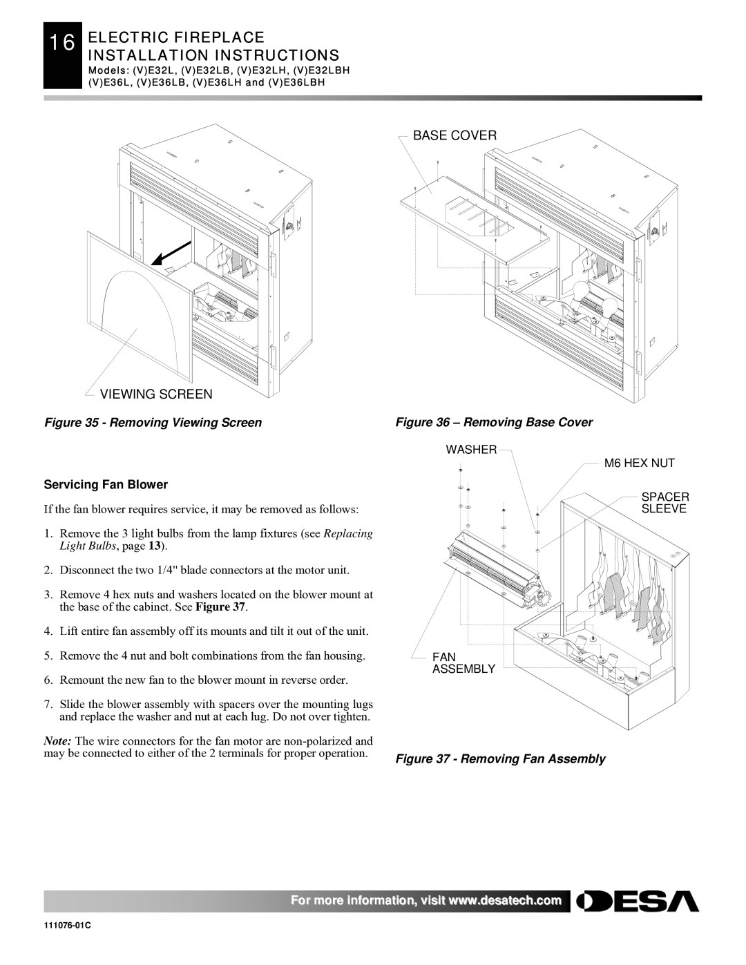 Desa E32, VE36, VE32, E36(L)(B)(H) installation instructions Viewing Screen, Servicing Fan Blower 