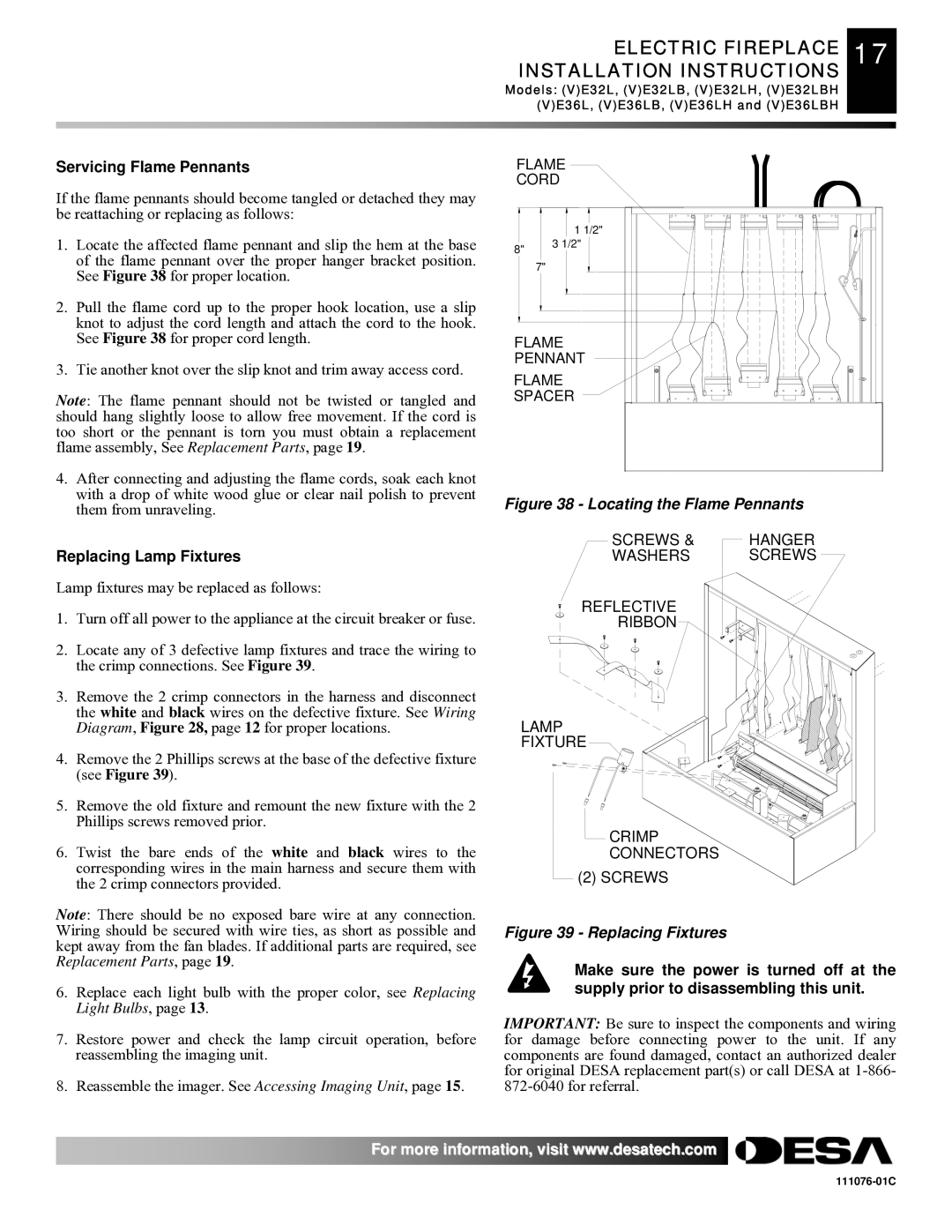 Desa E36(L)(B)(H) Electric Fireplace 17 Installation Instructions, Servicing Flame Pennants, Replacing Lamp Fixtures 