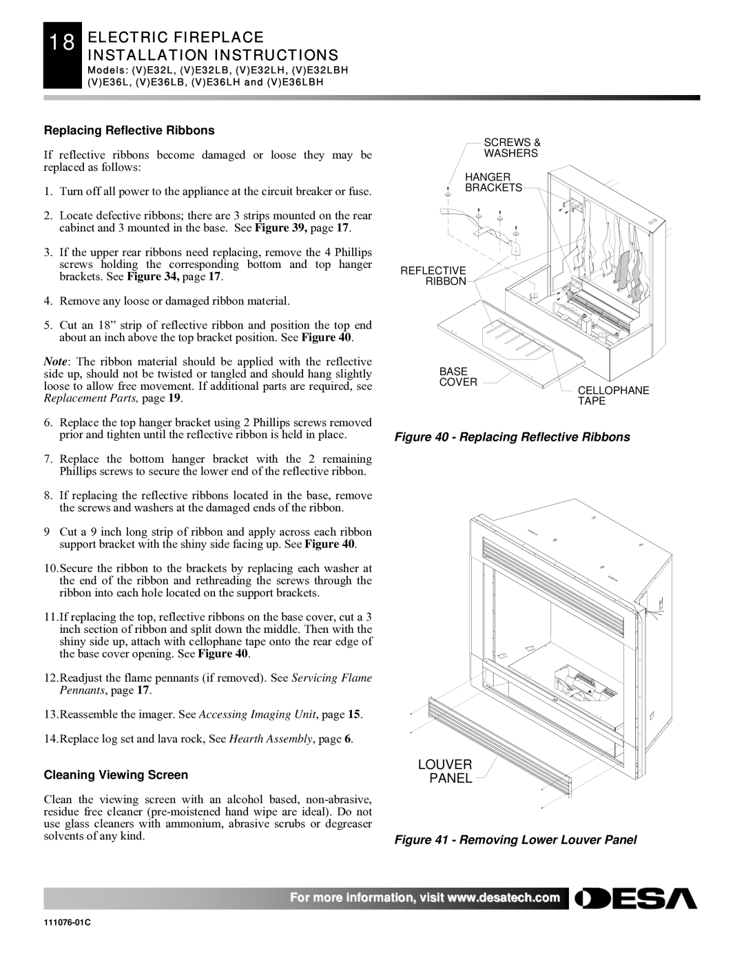 Desa E32, VE36, VE32, E36(L)(B)(H) installation instructions Replacing Reflective Ribbons, Cleaning Viewing Screen 