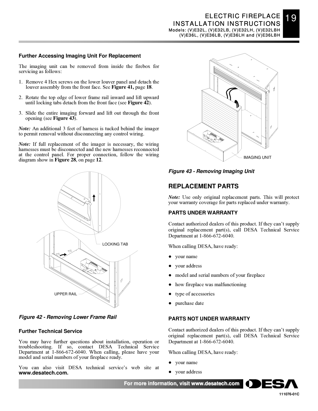 Desa E36(L)(B)(H) Electric Fireplace 19 Installation Instructions, Replacement Parts, Parts Under Warranty 