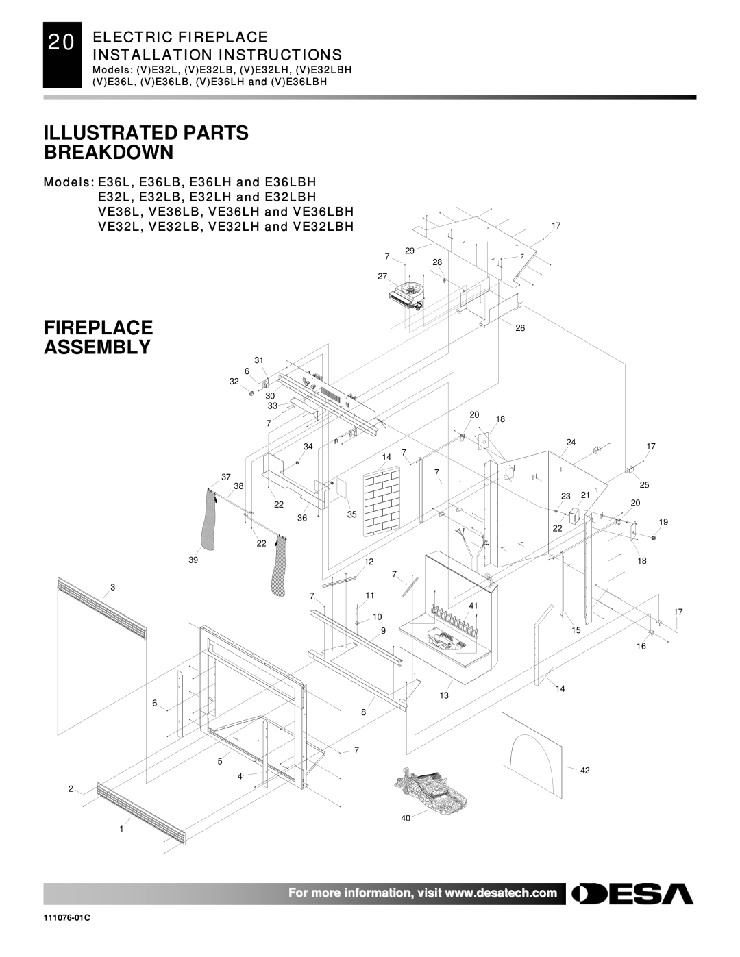 Desa E32, VE36, VE32, E36(L)(B)(H) installation instructions Illustrated Parts Breakdown, Fireplace Assembly 