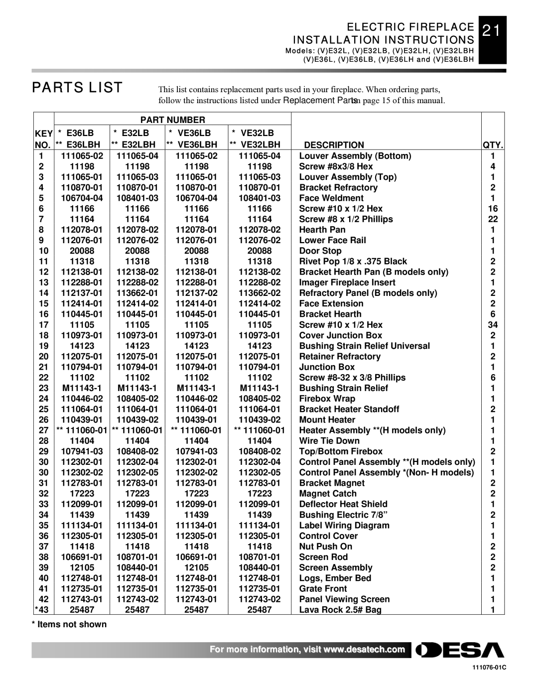 Desa E36(L)(B)(H) Parts List, Part Number KEY, E36LB E32LB VE36LB VE32LB E36LBH E32LBH VE36LBH VE32LBH, Description QTY 