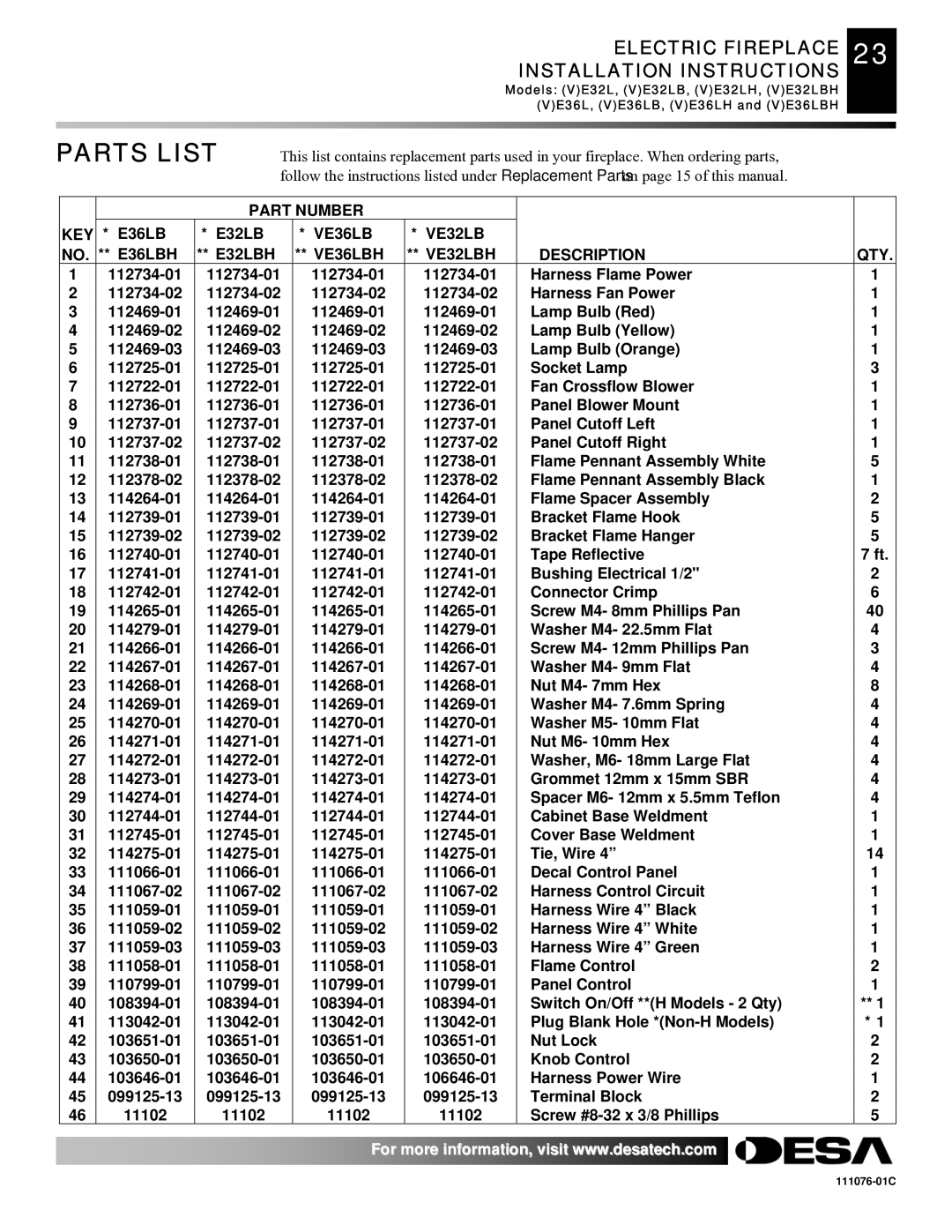 Desa E36(L)(B)(H), E32, VE36, VE32 installation instructions Parts List 