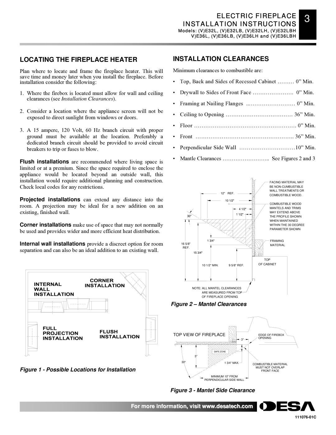 Desa E36(L)(B)(H) Locating the Fireplace Heater, Electric Fireplace 3 Installation Instructions, Installation Clearances 