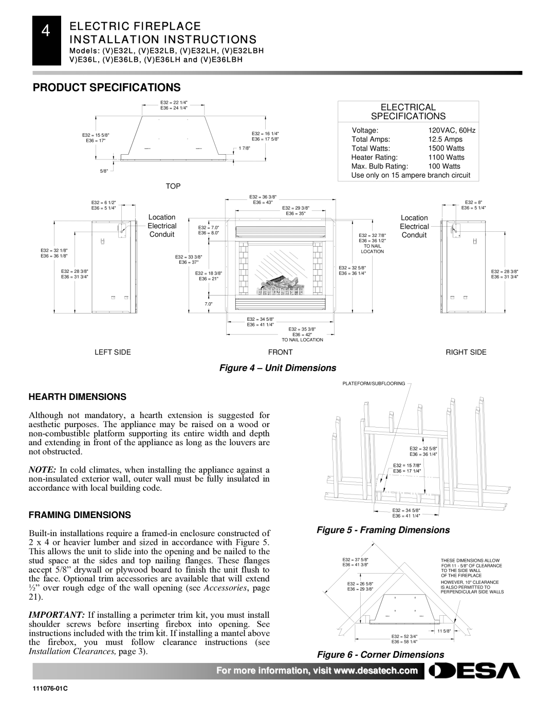 Desa E32, VE36, VE32, E36(L)(B)(H) installation instructions Product Specifications, Hearth Dimensions, Framing Dimensions 