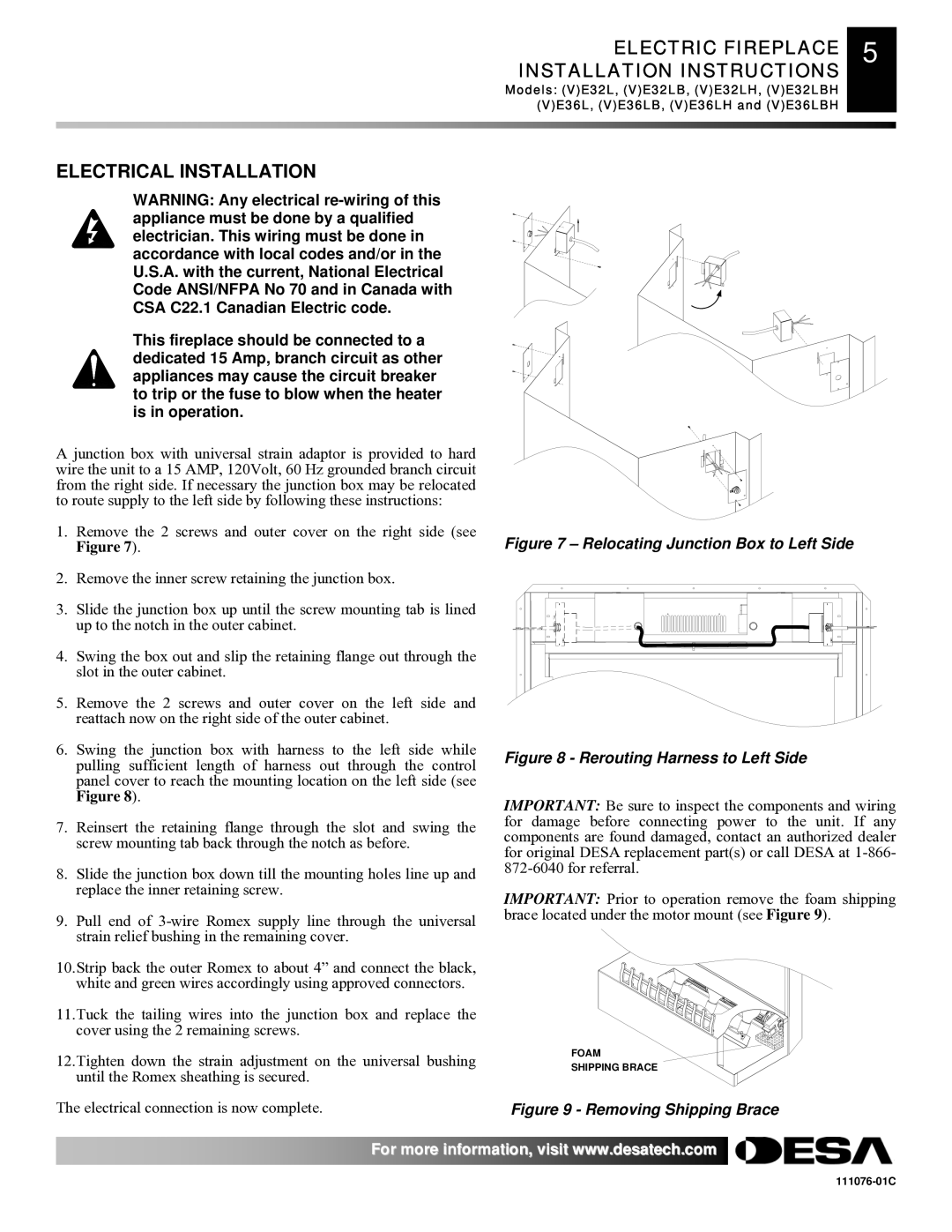 Desa E36(L)(B)(H), E32, VE36, VE32 Electrical Installation, Electric Fireplace 5 Installation Instructions 