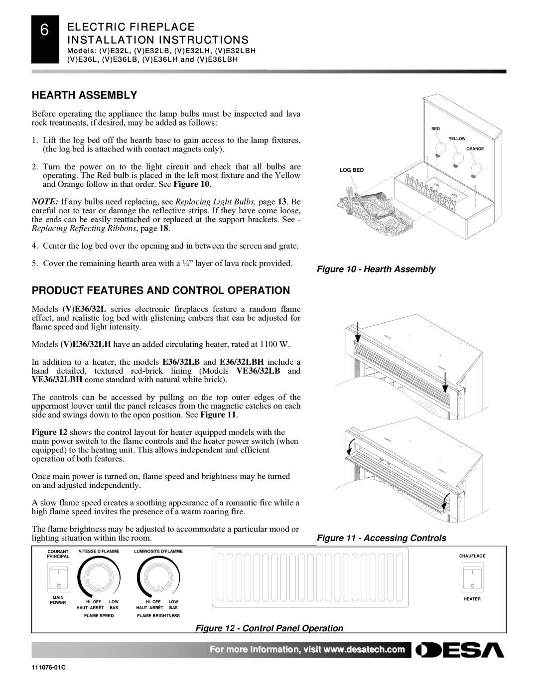 Desa E32, VE36, VE32, E36(L)(B)(H) installation instructions Electric Fireplace, Installation Instructions, Hearth Assembly 