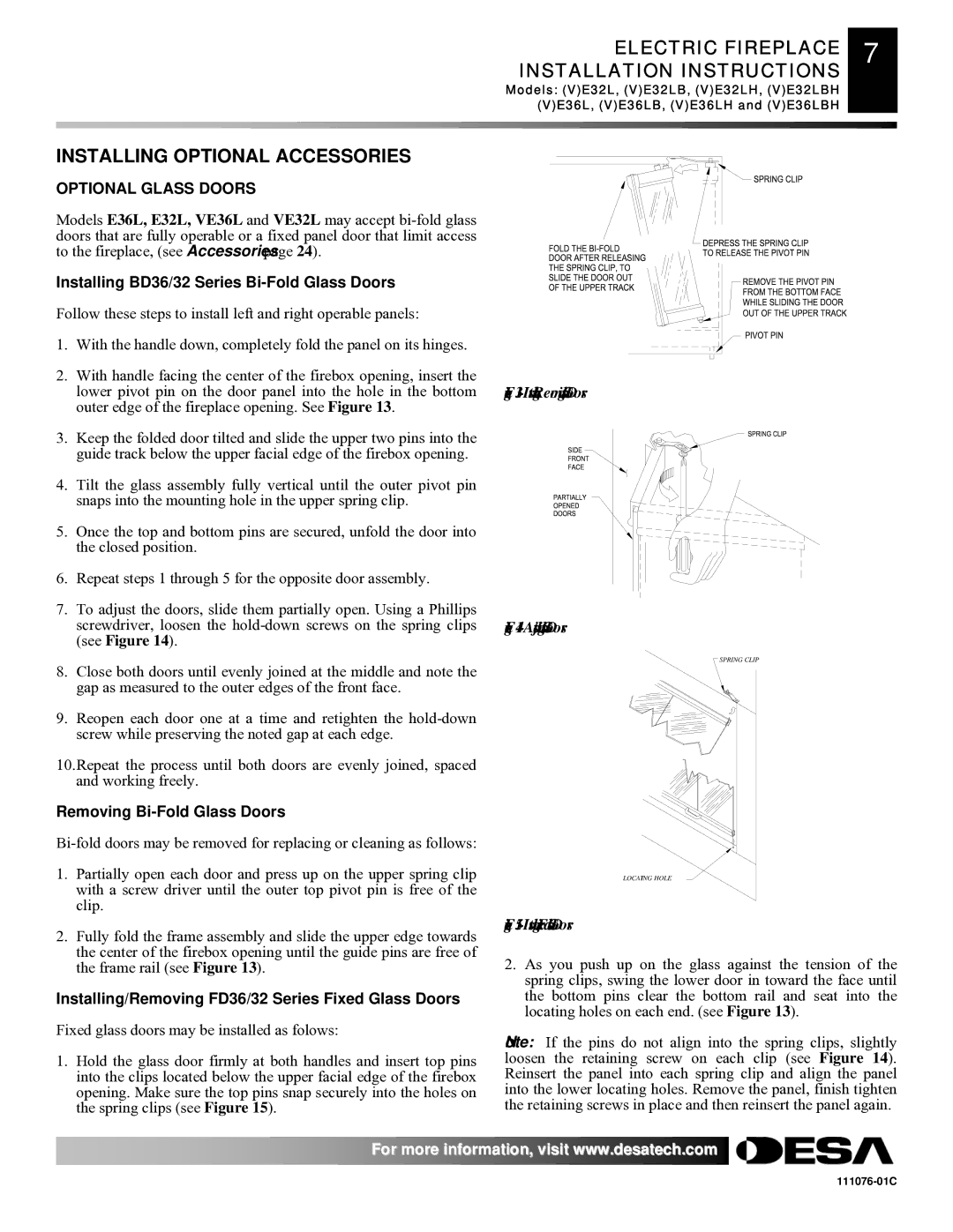 Desa E36(L)(B)(H) Installing Optional Accessories, Electric Fireplace 7 Installation Instructions, Optional Glass Doors 