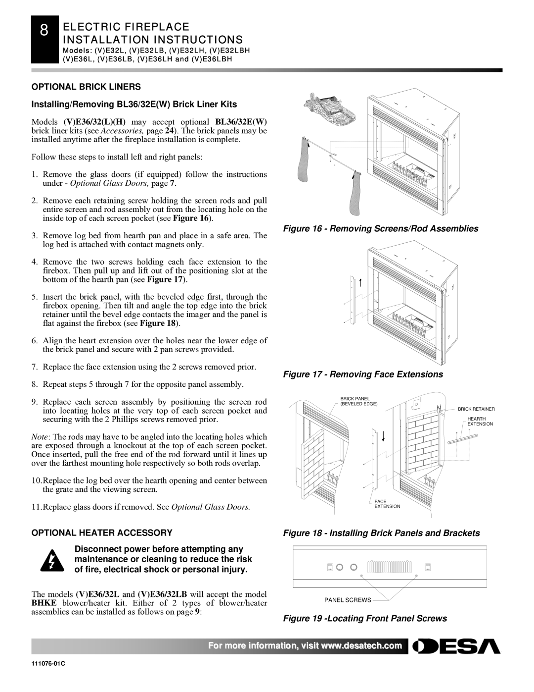 Desa E32, VE36, VE32 Optional Brick Liners, Installing/Removing BL36/32EW Brick Liner Kits, Optional Heater Accessory 