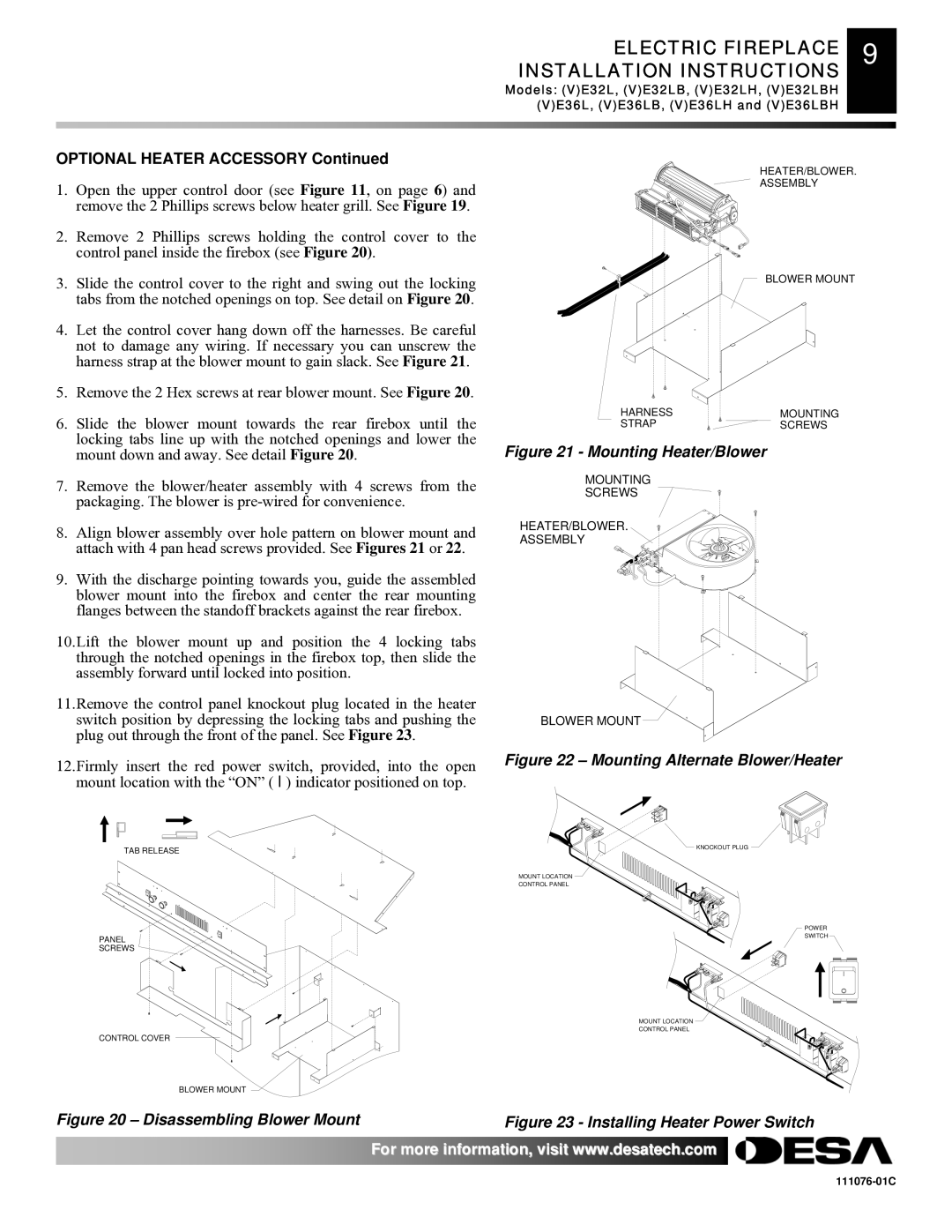 Desa E36(L)(B)(H), E32, VE36, VE32 Electric Fireplace 9 Installation Instructions, Optional Heater Accessory 