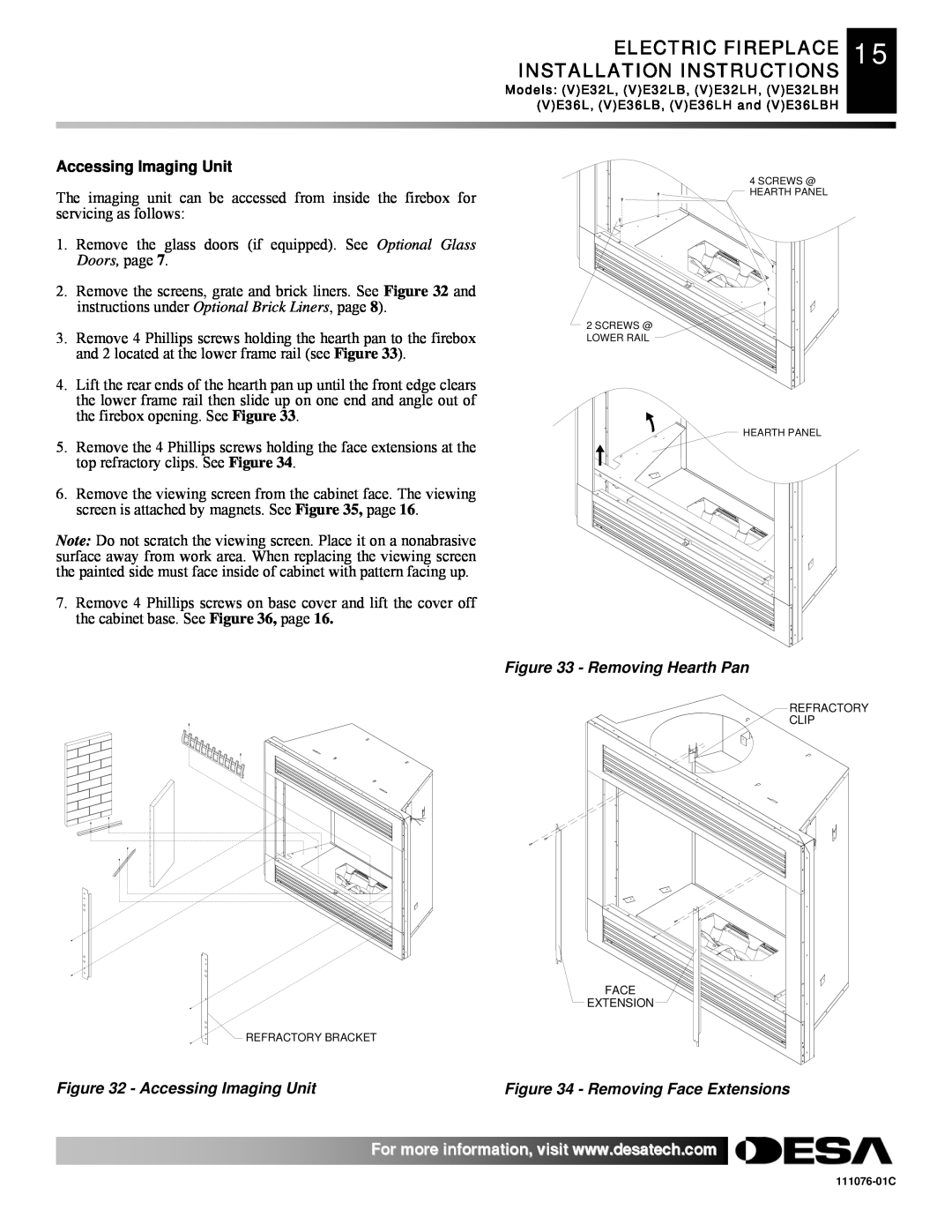 Desa E36(L)(B)(H) ELECTRIC FIREPLACE 15 INSTALLATION INSTRUCTIONS, Accessing Imaging Unit, Removing Hearth Pan 
