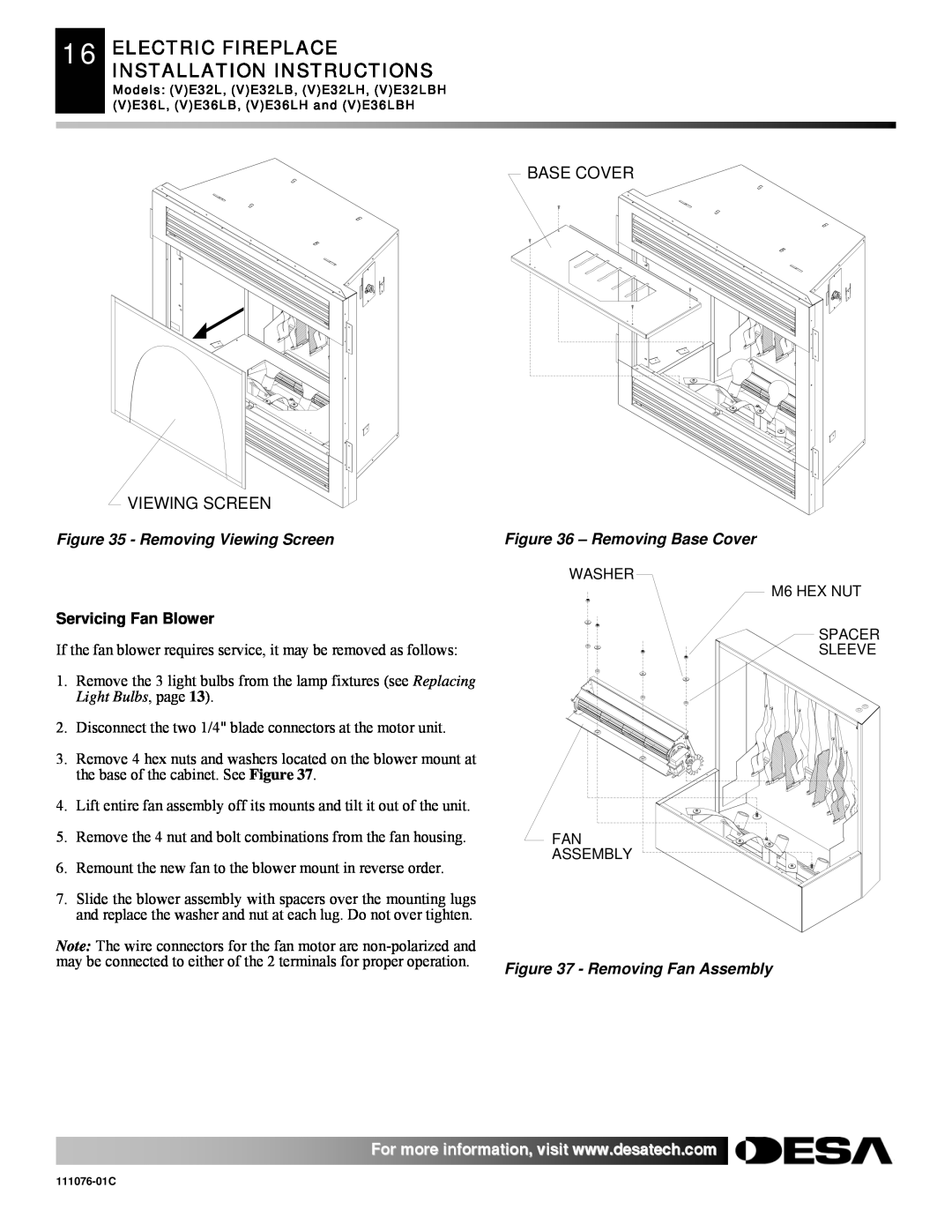 Desa E32, VE36, VE32 Electric Fireplace Installation Instructions, Removing Viewing Screen, Servicing Fan Blower 