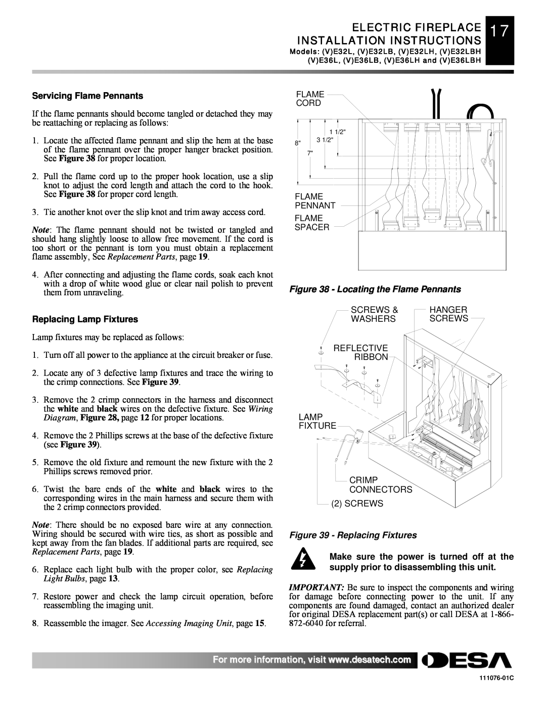 Desa E36(L)(B)(H) ELECTRIC FIREPLACE 17 INSTALLATION INSTRUCTIONS, Servicing Flame Pennants, Replacing Lamp Fixtures 