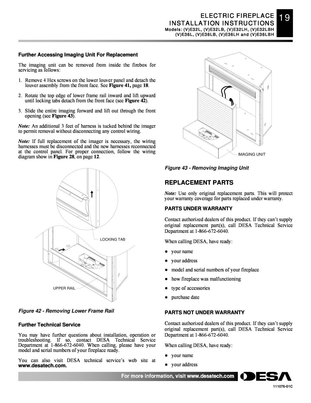 Desa E36(L)(B)(H) ELECTRIC FIREPLACE 19 INSTALLATION INSTRUCTIONS, Replacement Parts, Removing Imaging Unit 