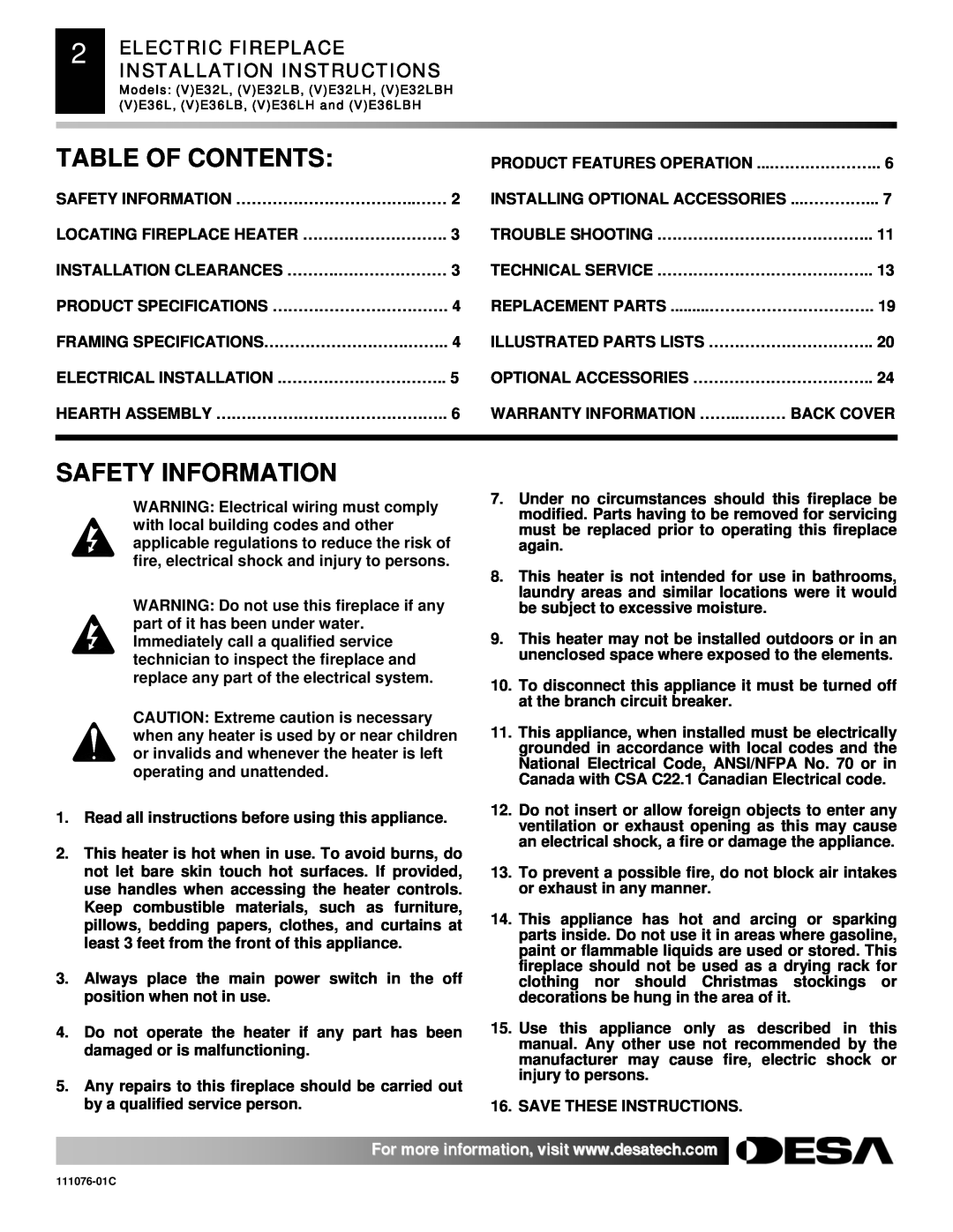 Desa E32, VE36, VE32, E36(L)(B)(H) Table Of Contents, Safety Information, Electric Fireplace Installation Instructions 