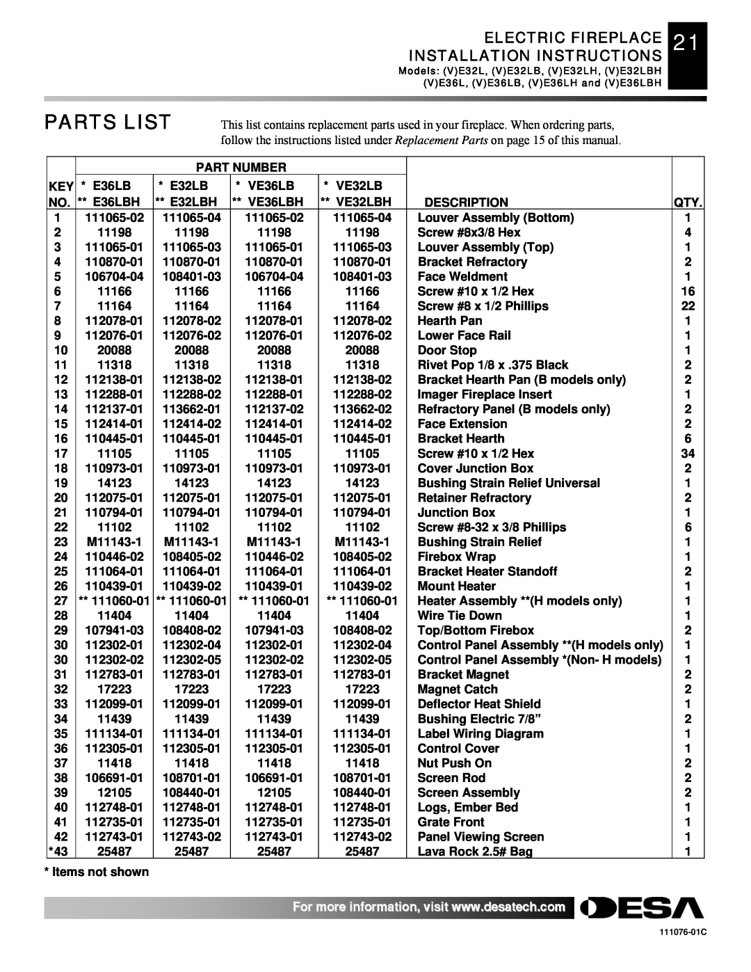 Desa E36(L)(B)(H) Parts List, Part Number, VE36LBH, VE32LBH, Description, 111065-02, 111065-04 