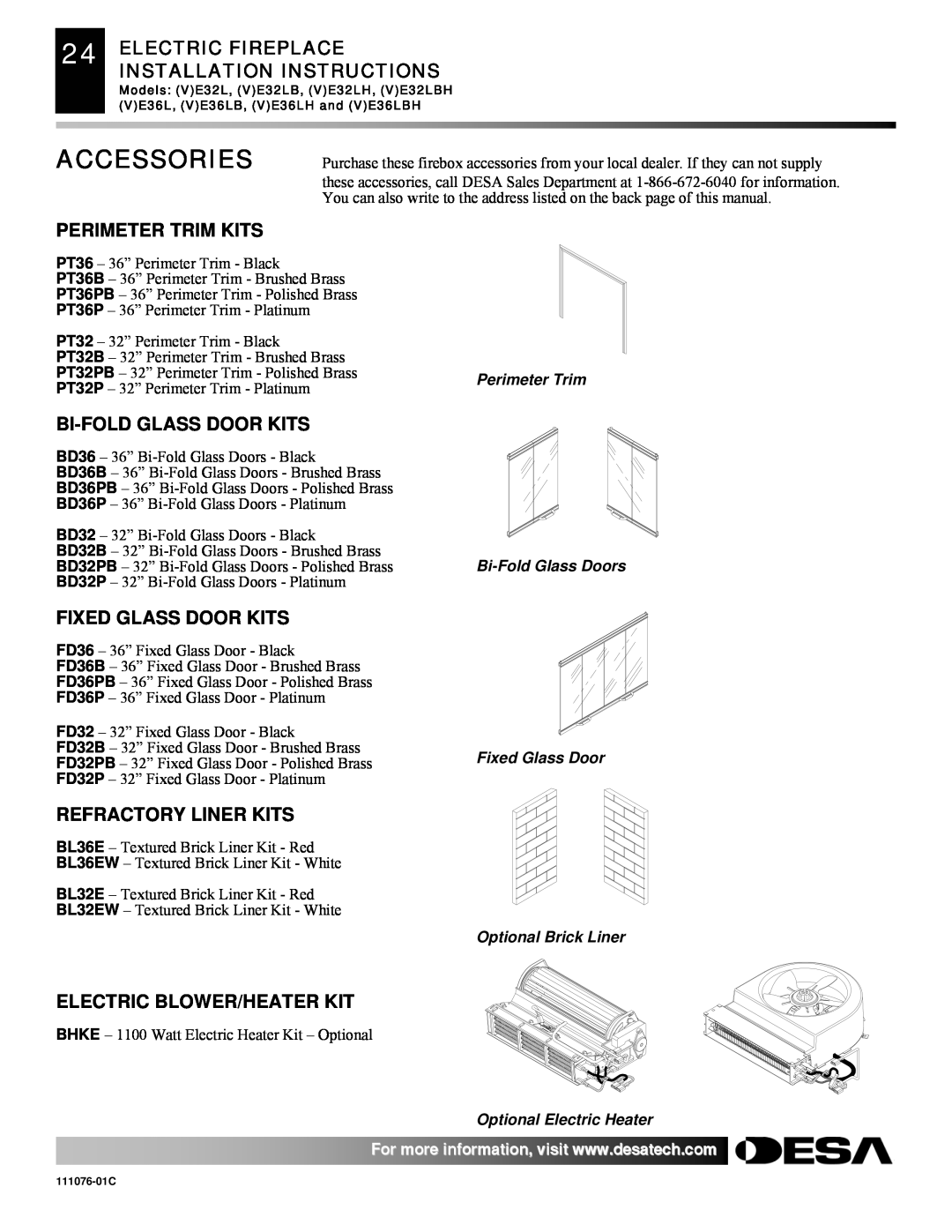Desa E32, VE36, VE32, E36(L)(B)(H) Accessories, Perimeter Trim Kits, Bi-Foldglass Door Kits, Fixed Glass Door Kits 
