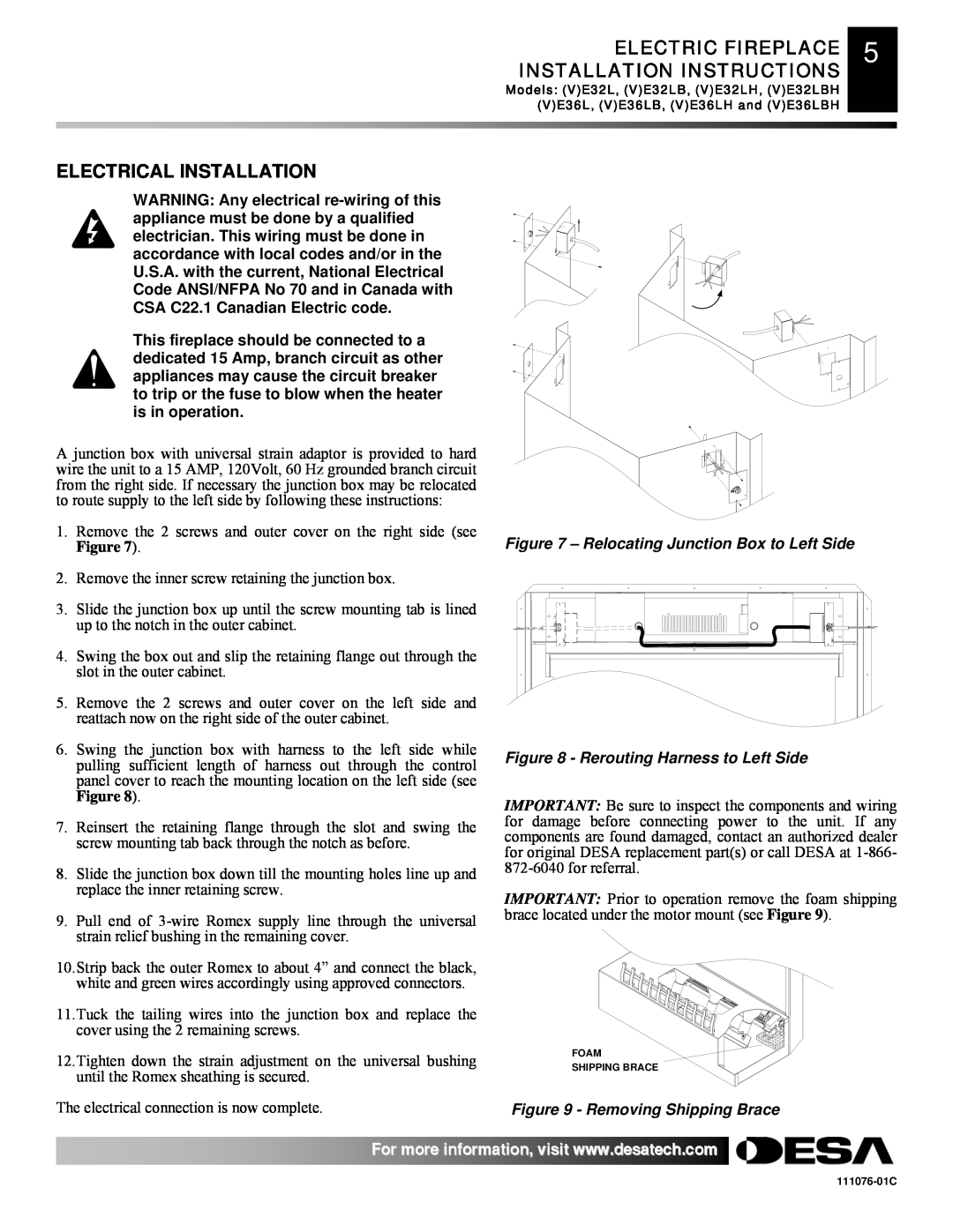 Desa E36(L)(B)(H) Electrical Installation, ELECTRIC FIREPLACE 5 INSTALLATION INSTRUCTIONS, Rerouting Harness to Left Side 