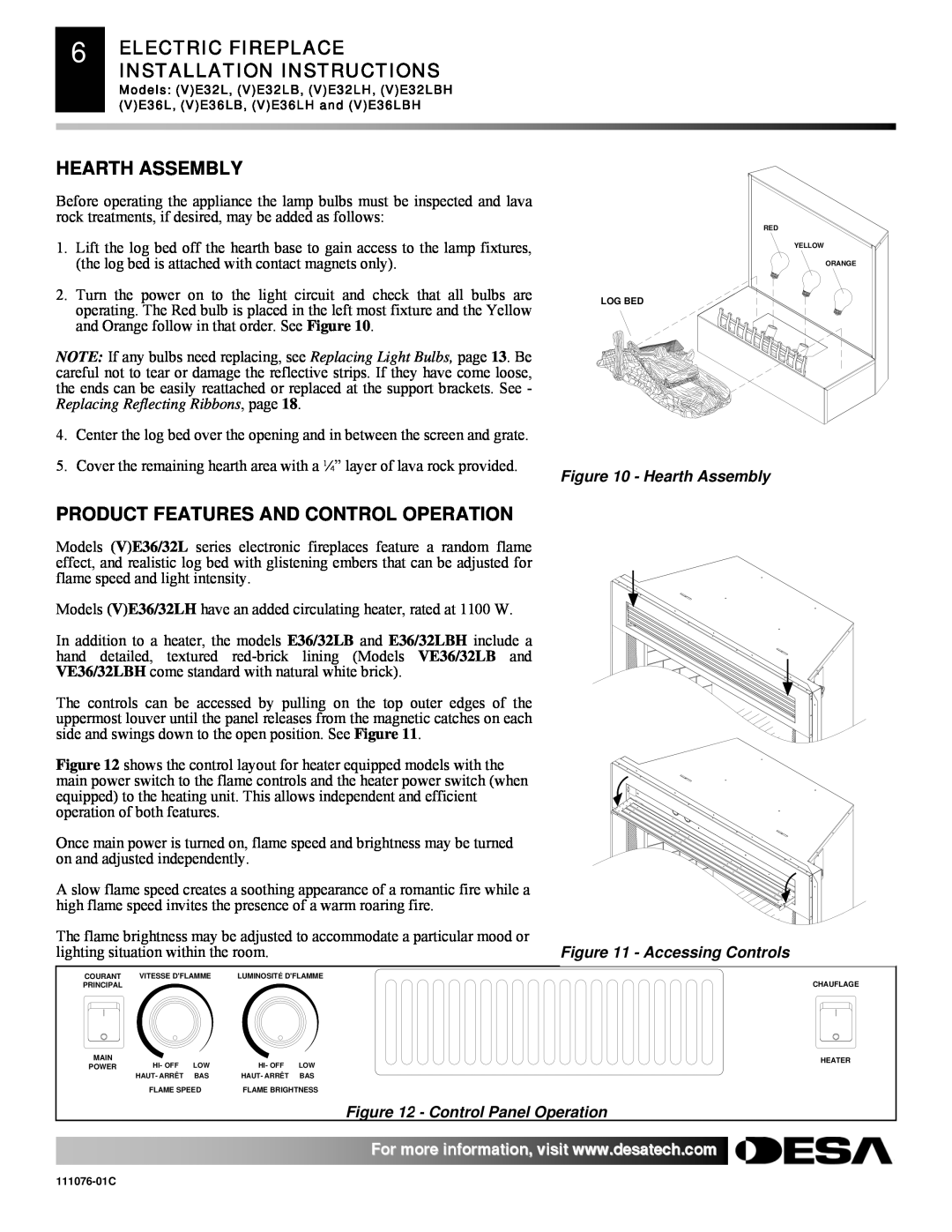 Desa E32, VE36, VE32, E36(L)(B)(H) Electric Fireplace, Installation Instructions, Hearth Assembly, Accessing Controls 