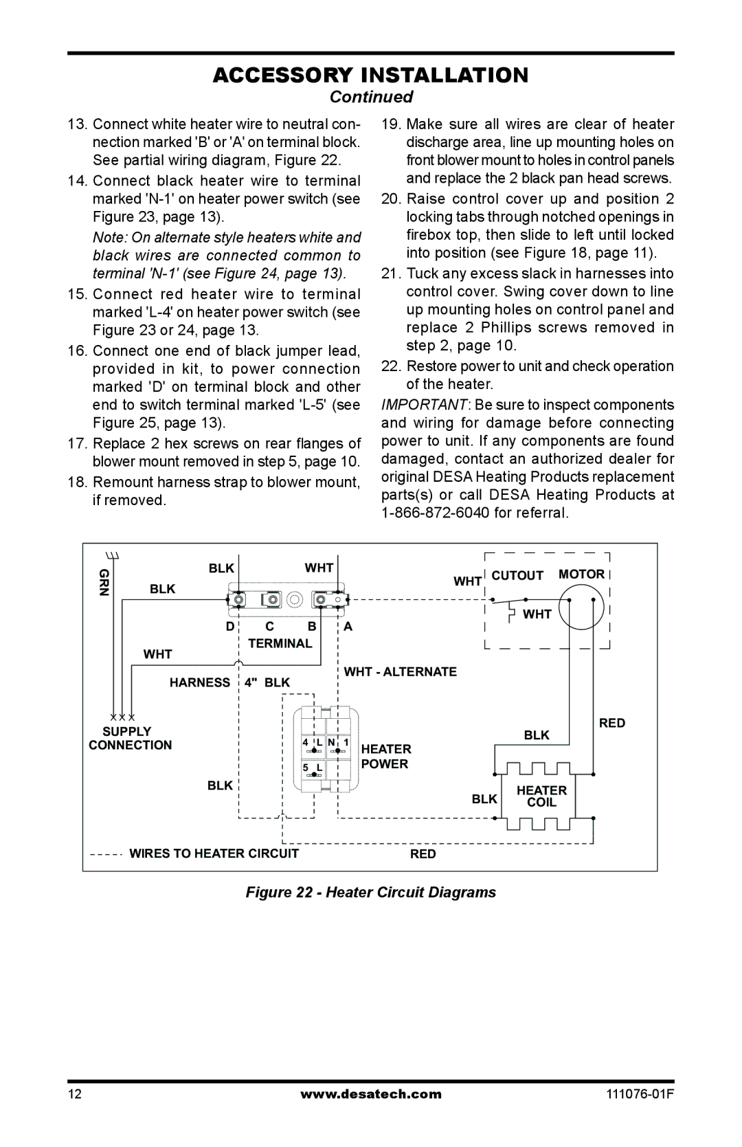 Desa E32LH, E36LH, E36LBH, E32LBH Remount harness strap to blower mount, if removed, Heater Circuit Diagrams 