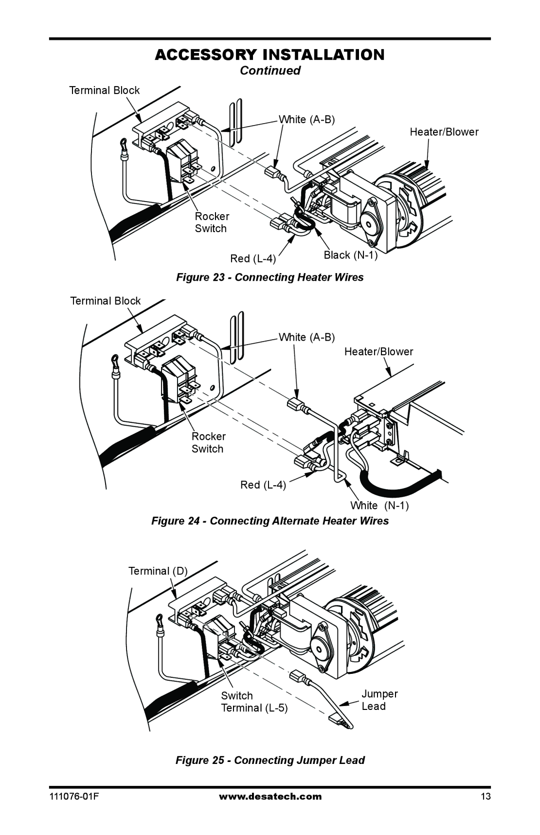 Desa E32LBH, E36LH, E36LBH, E32LH installation manual Connecting Heater Wires, Terminal D Switch Jumper Terminal L-5 Lead 