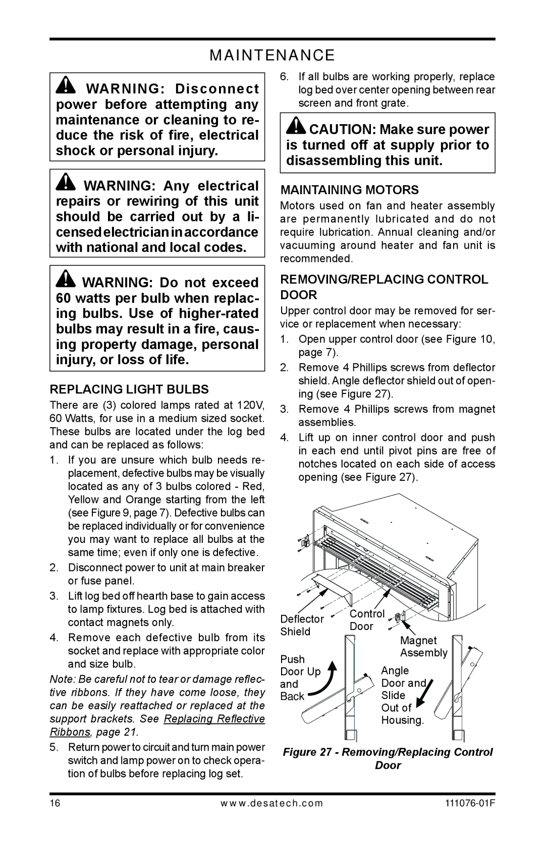 Desa E36LH, E36LBH, E32LH, E32LBH Maintenance, Replacing Light Bulbs, Maintaining Motors, Removing/Replacing Control Door 