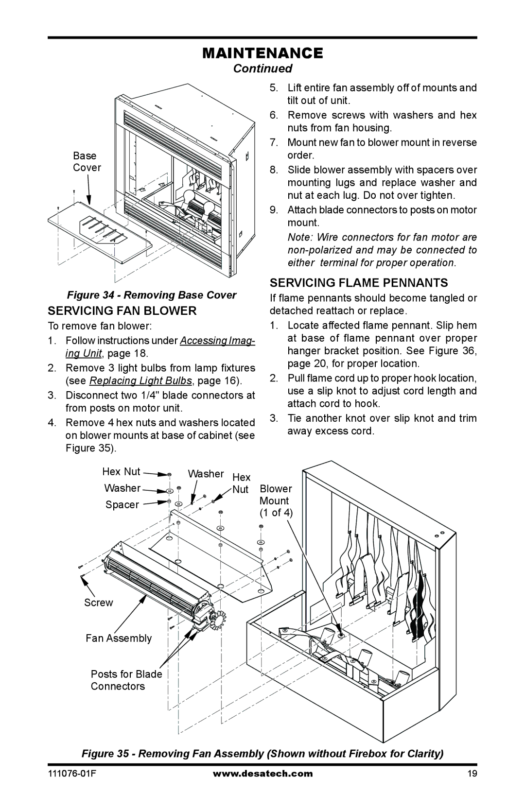 Desa E36LH, E36LBH, E32LH, E32LBH Servicing Fan Blower, Servicing Flame Pennants, Base Cover, Nut Blower 