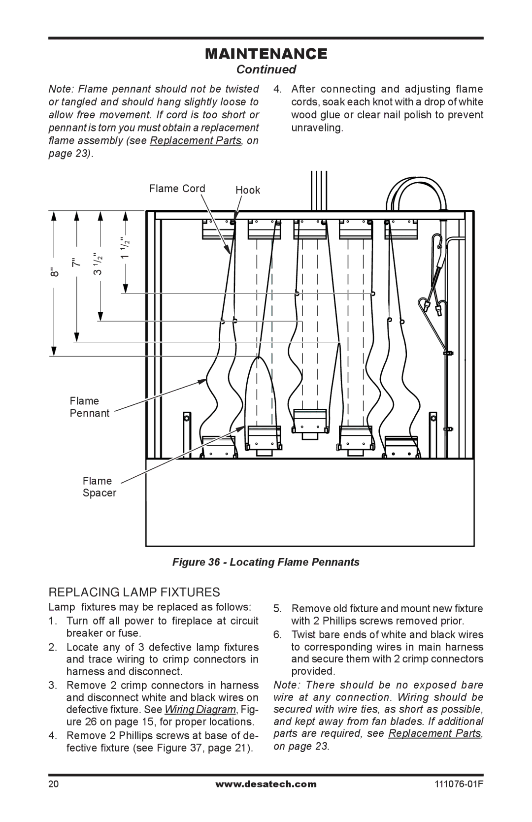 Desa E32LH, E36LH, E36LBH, E32LBH installation manual Replacing Lamp Fixtures, Locating Flame Pennants 