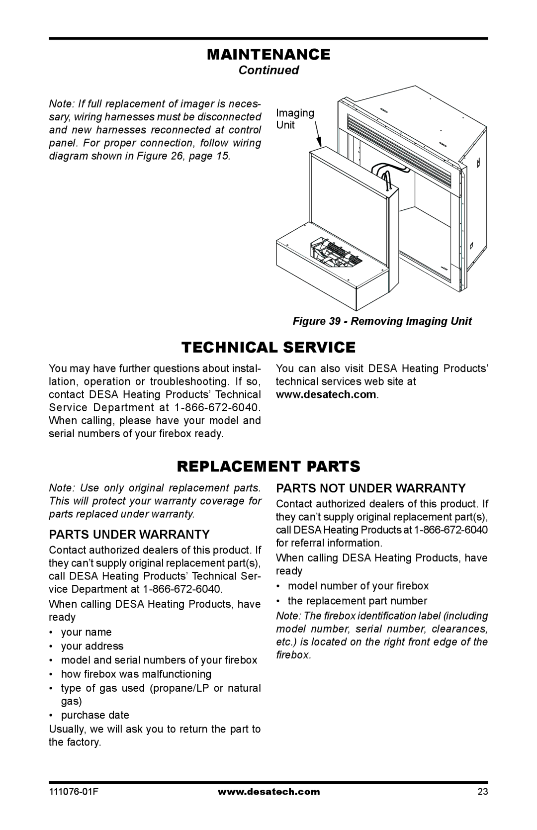 Desa E32LB, E36LH, E36LB Technical Service, Replacement Parts, Parts Under Warranty, Parts Not Under Warranty, Imaging Unit 