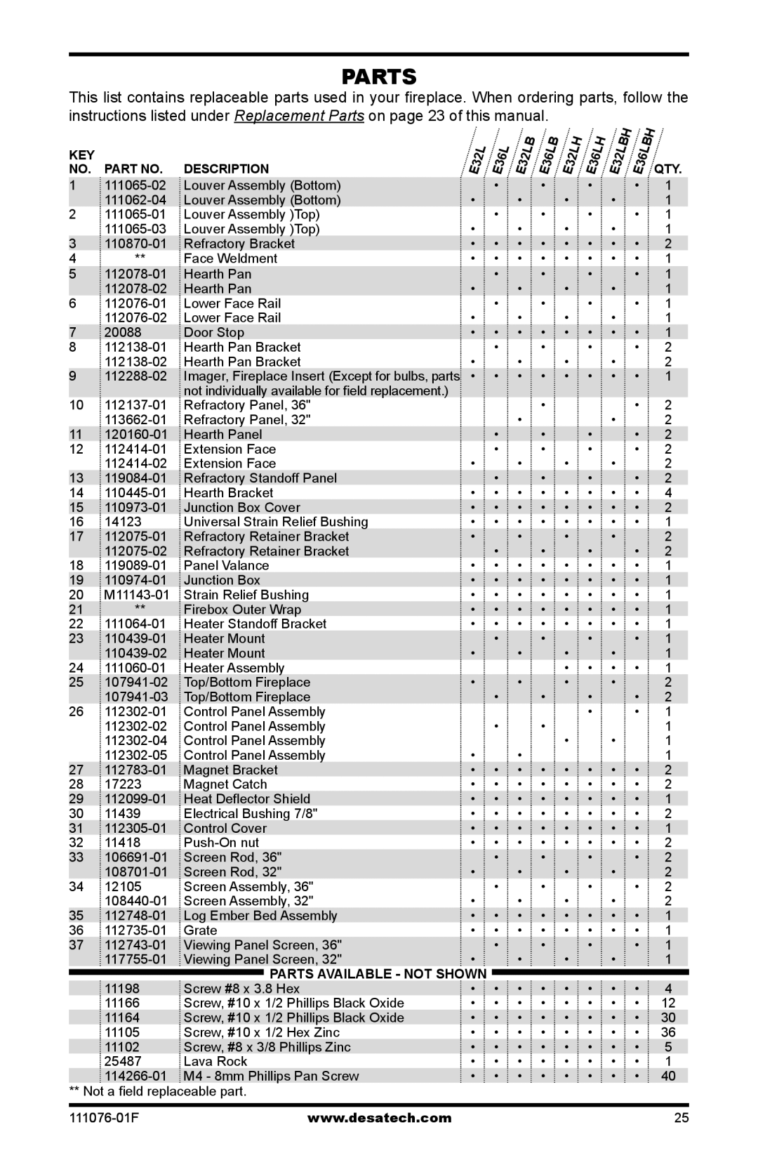 Desa E36LBH, E36LH, E32LH, E32LBH installation manual Parts 