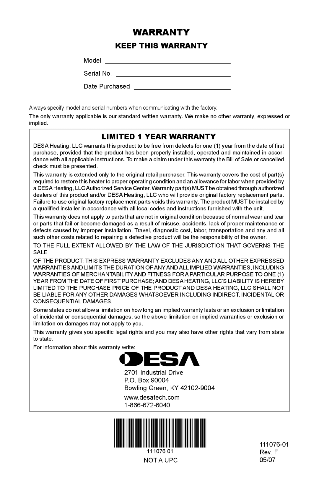 Desa E32LH, E36LH, E36LBH, E32LBH installation manual Keep this Warranty, Limited 1 Year Warranty 