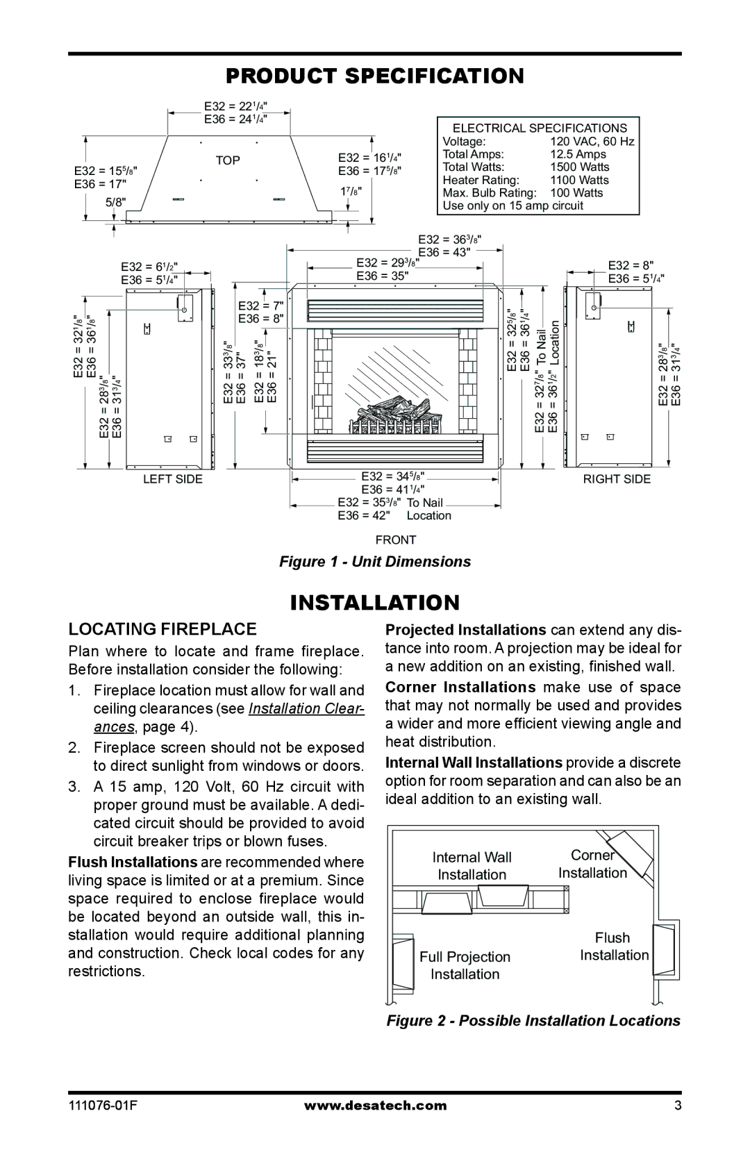 Desa E36LH, E36LBH, E32LH, E32LBH installation manual Product Specification, Installation, Locating Fireplace 