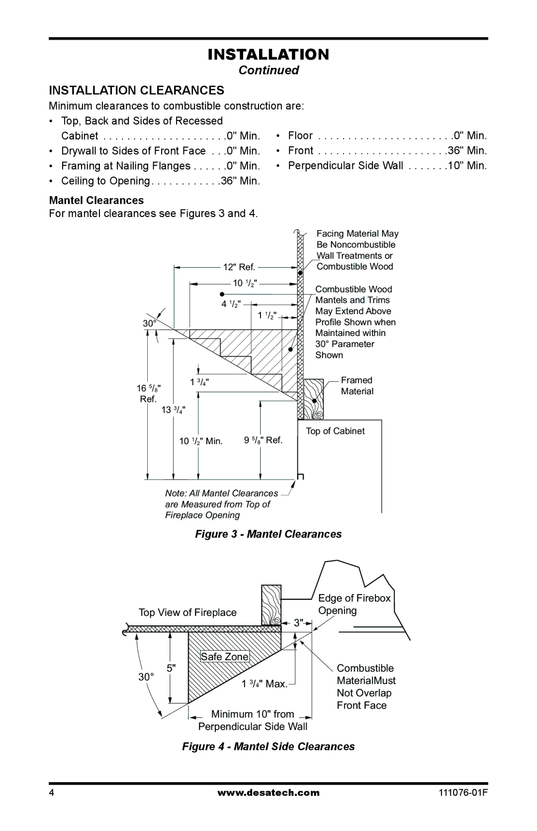 Desa E32LH, E36LH, E36LBH, E32LBH installation manual Installation Clearances, For mantel clearances see Figures 3 