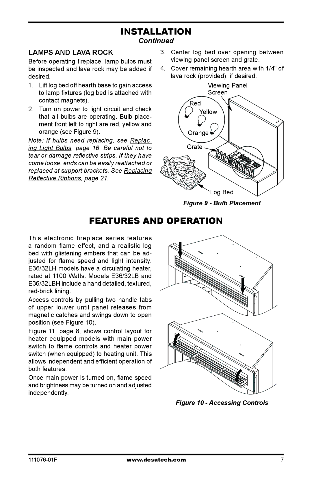 Desa E36LH, E36LBH, E32LH, E32LBH installation manual Features and Operation, Lamps and lava Rock 