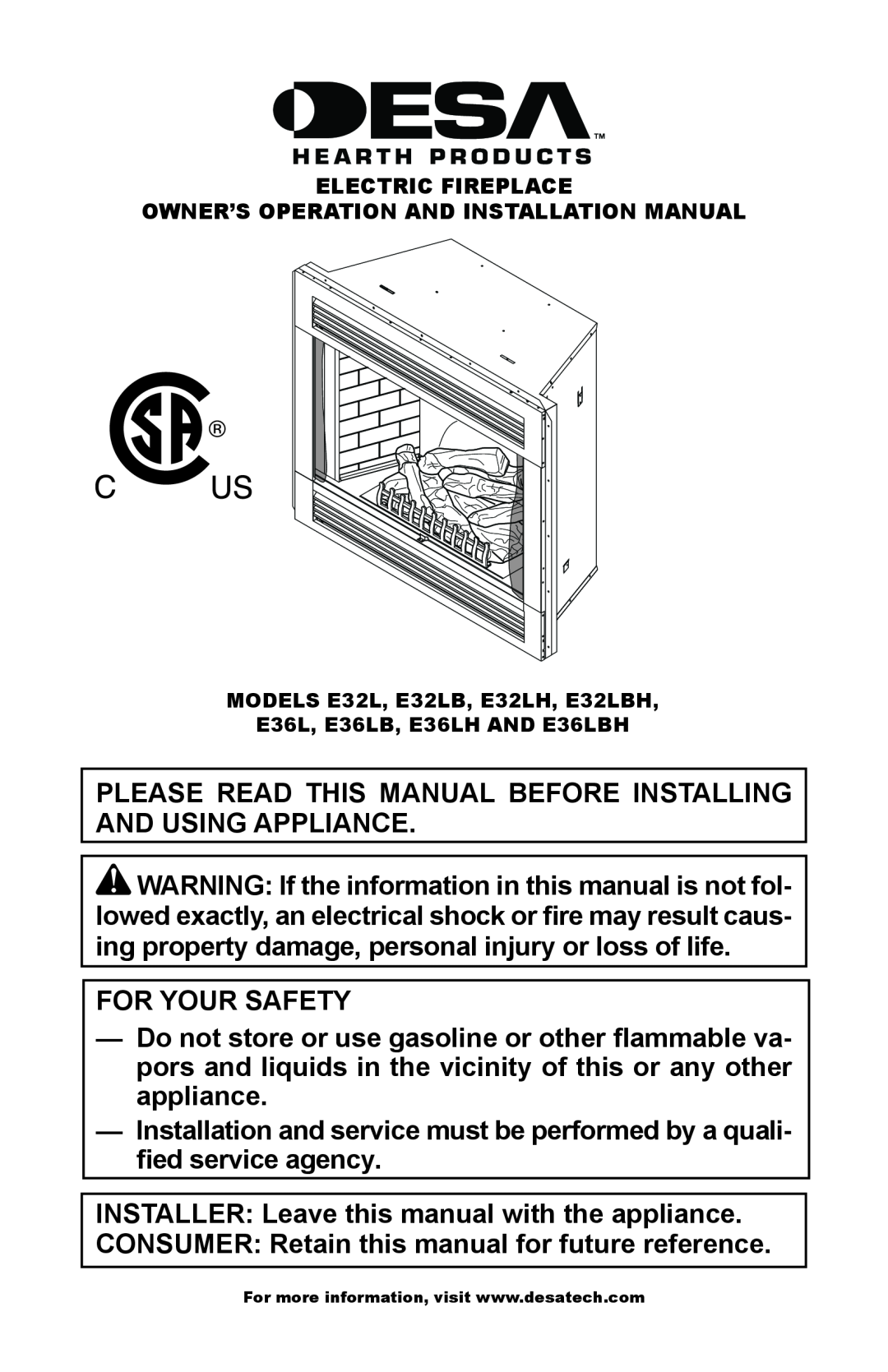 Desa E36LBH, E36LH, E32LH, E32LBH installation manual For Your Safety 