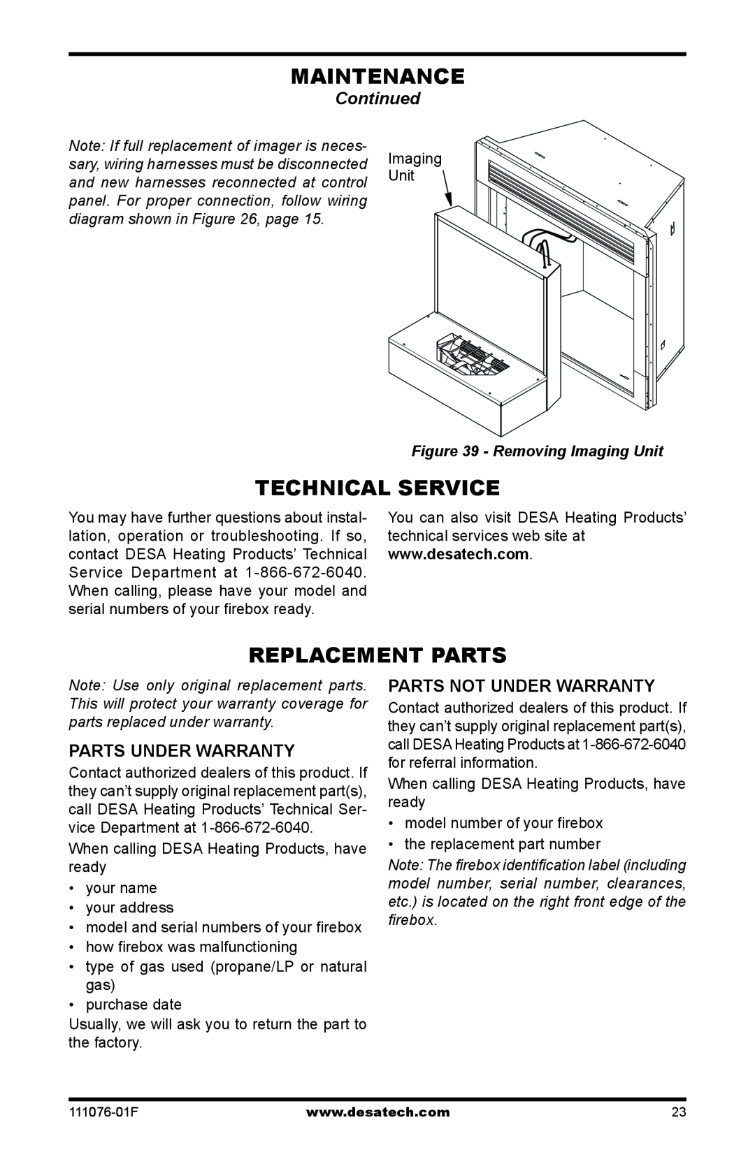 Desa E32LB Maintenance, Technical Service, Replacement Parts, Continued, Parts Under Warranty, Parts Not Under Warranty 
