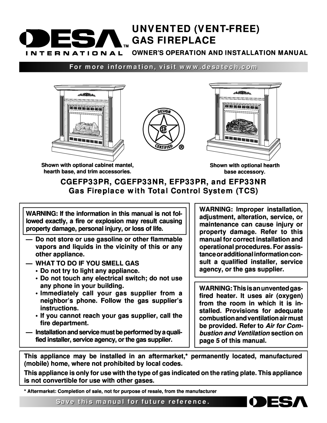 Desa EFP33PR, EFP33NR installation manual Owner’S Operation And Installation Manual, What To Do If You Smell Gas 