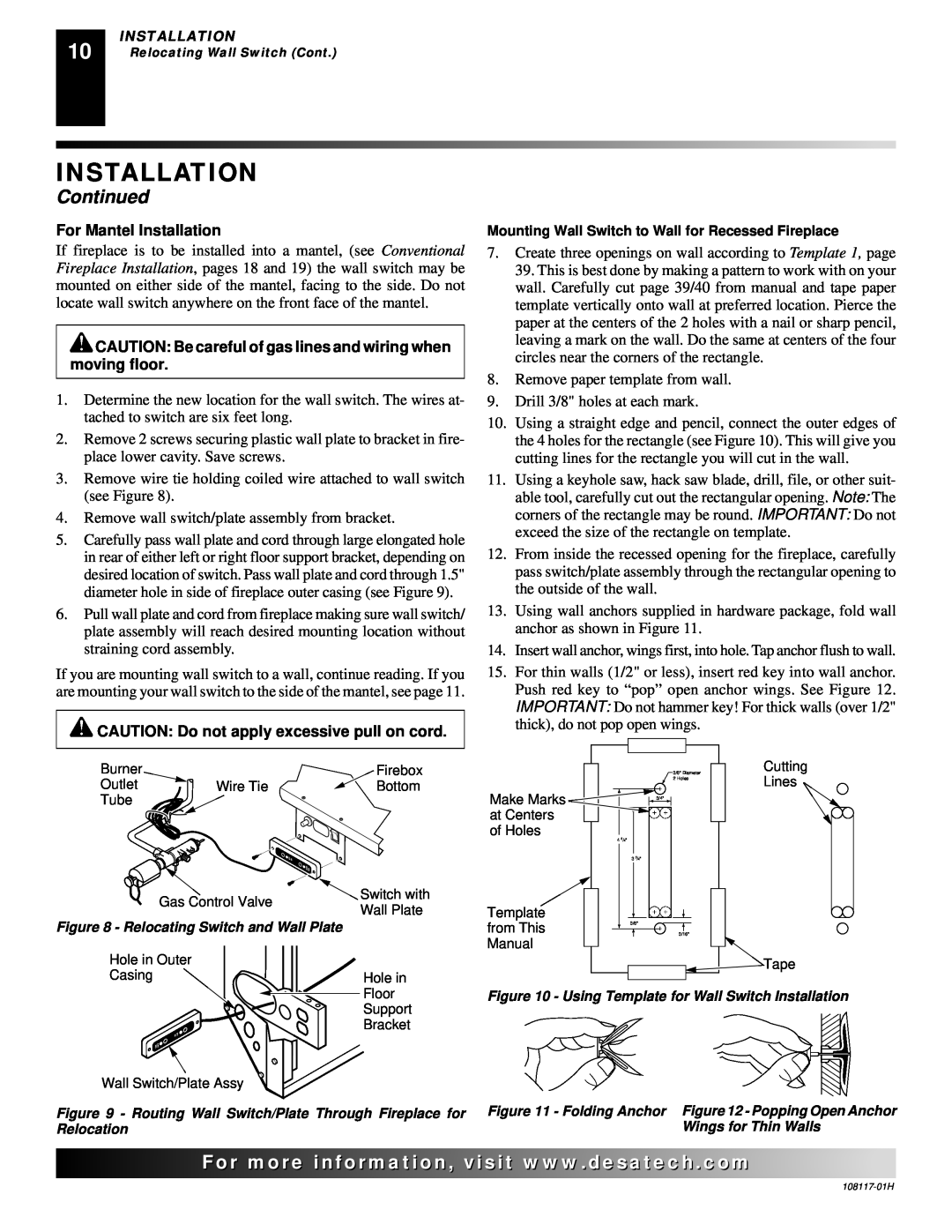 Desa EFP33NR, EFP33PR Continued, For Mantel Installation, CAUTION Do not apply excessive pull on cord 
