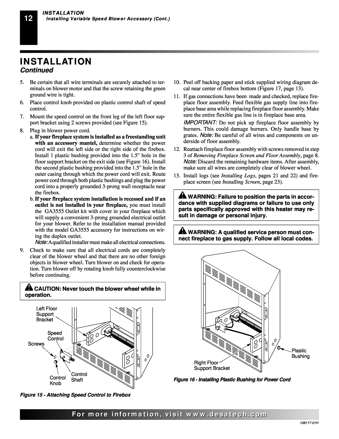 Desa EFP33NR, EFP33PR installation manual Installation, Continued, Plug in blower power cord 