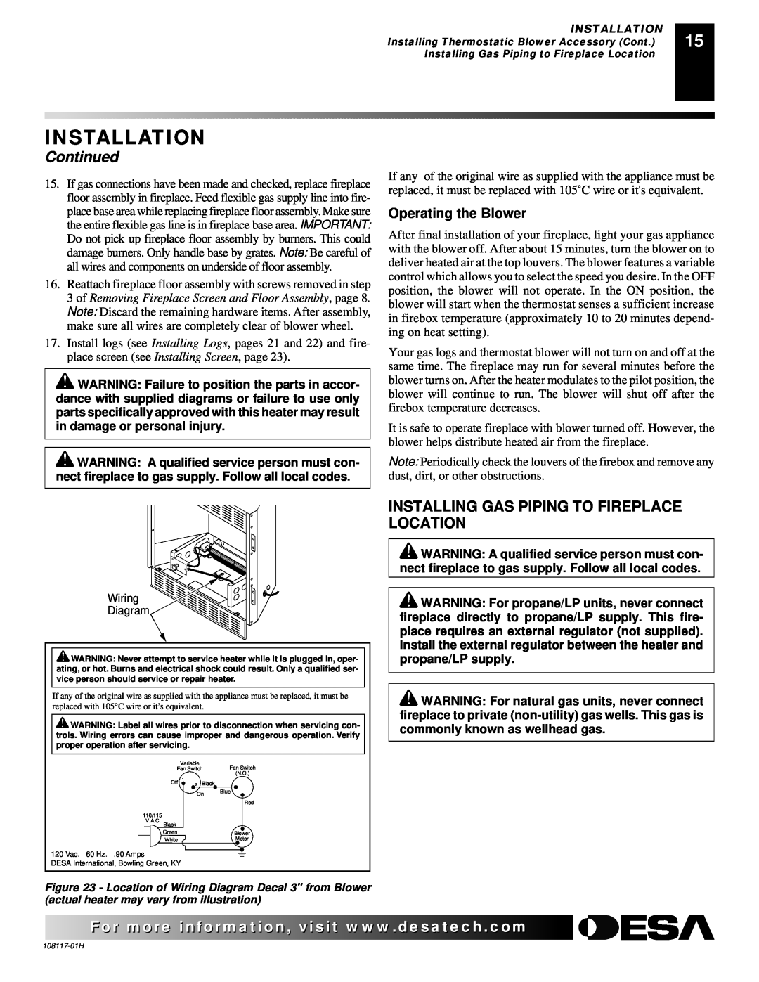 Desa EFP33PR, EFP33NR installation manual Installing Gas Piping To Fireplace Location, Installation, Continued 