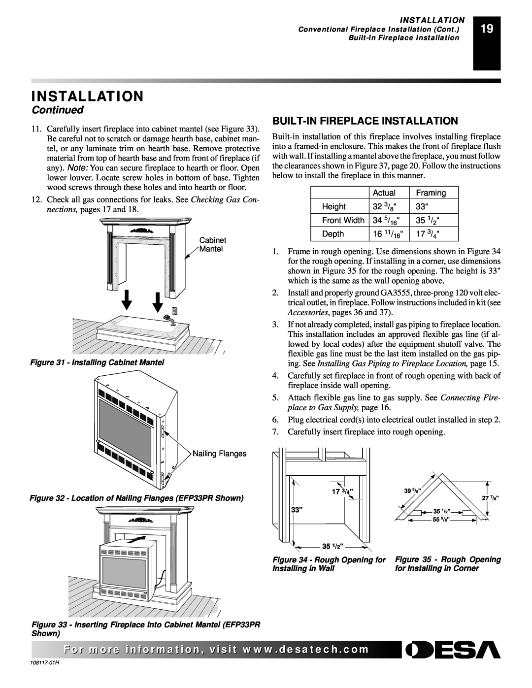 Desa EFP33PR, EFP33NR installation manual Built-Infireplace Installation, Continued 