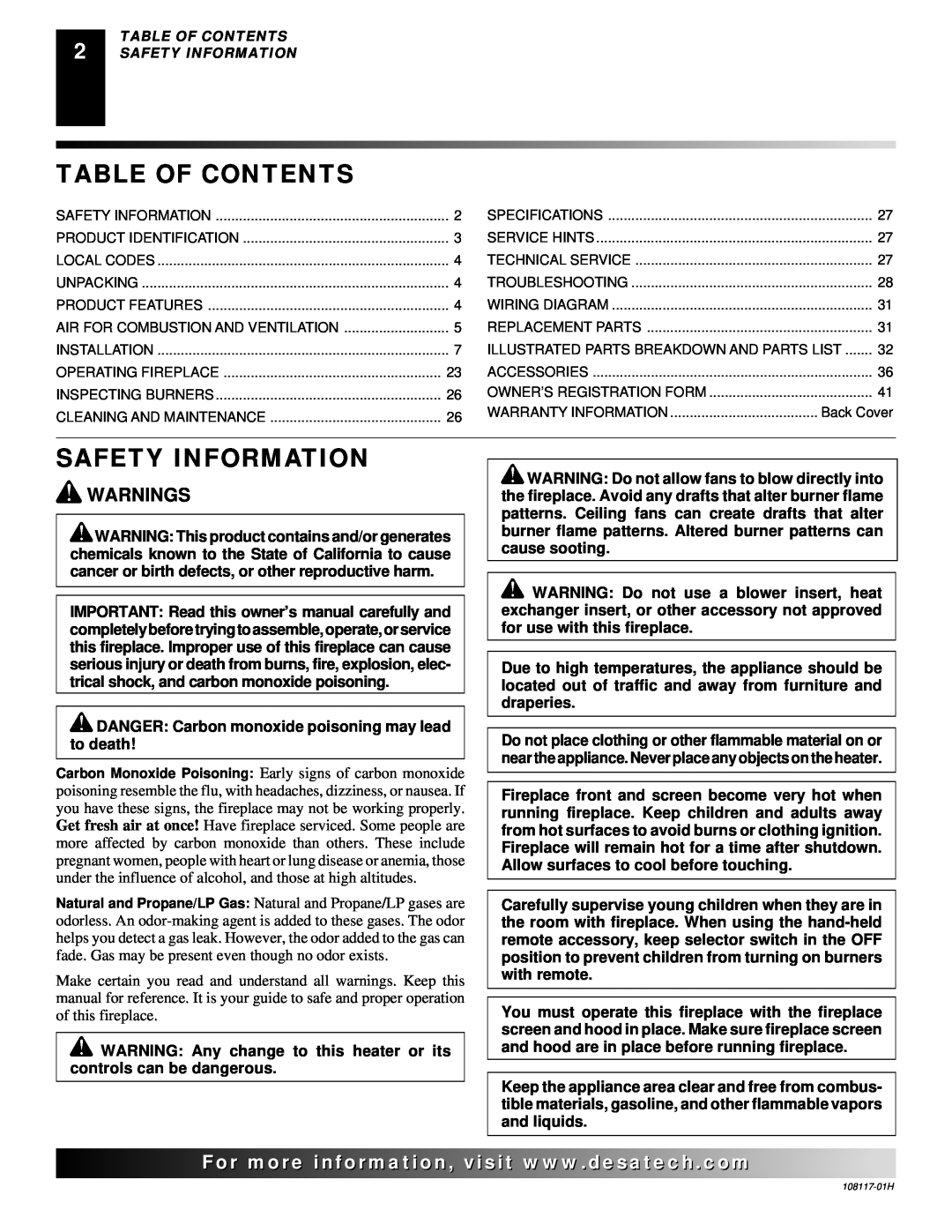 Desa EFP33NR, EFP33PR installation manual Table Of Contents, Safety Information, Warnings 